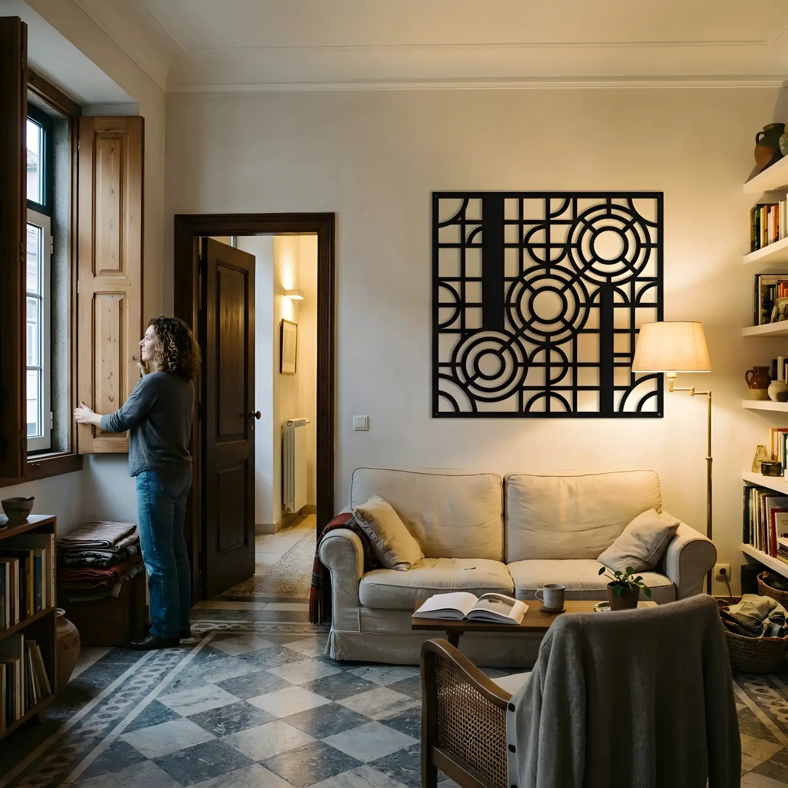 Geometric Metal Wall Art Circles and Grid – Drafted Light, Modern Living Room Decor — 6