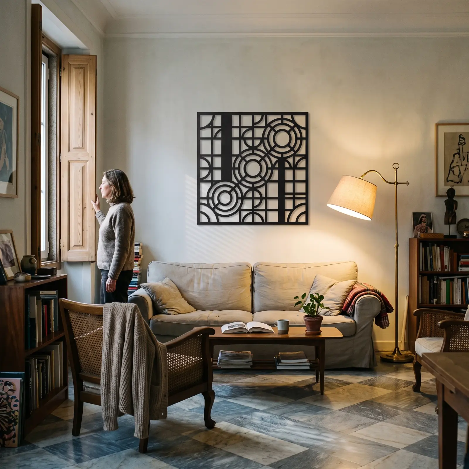 Geometric Metal Wall Art Circles and Grid – Drafted Light, Modern Living Room Decor — 7