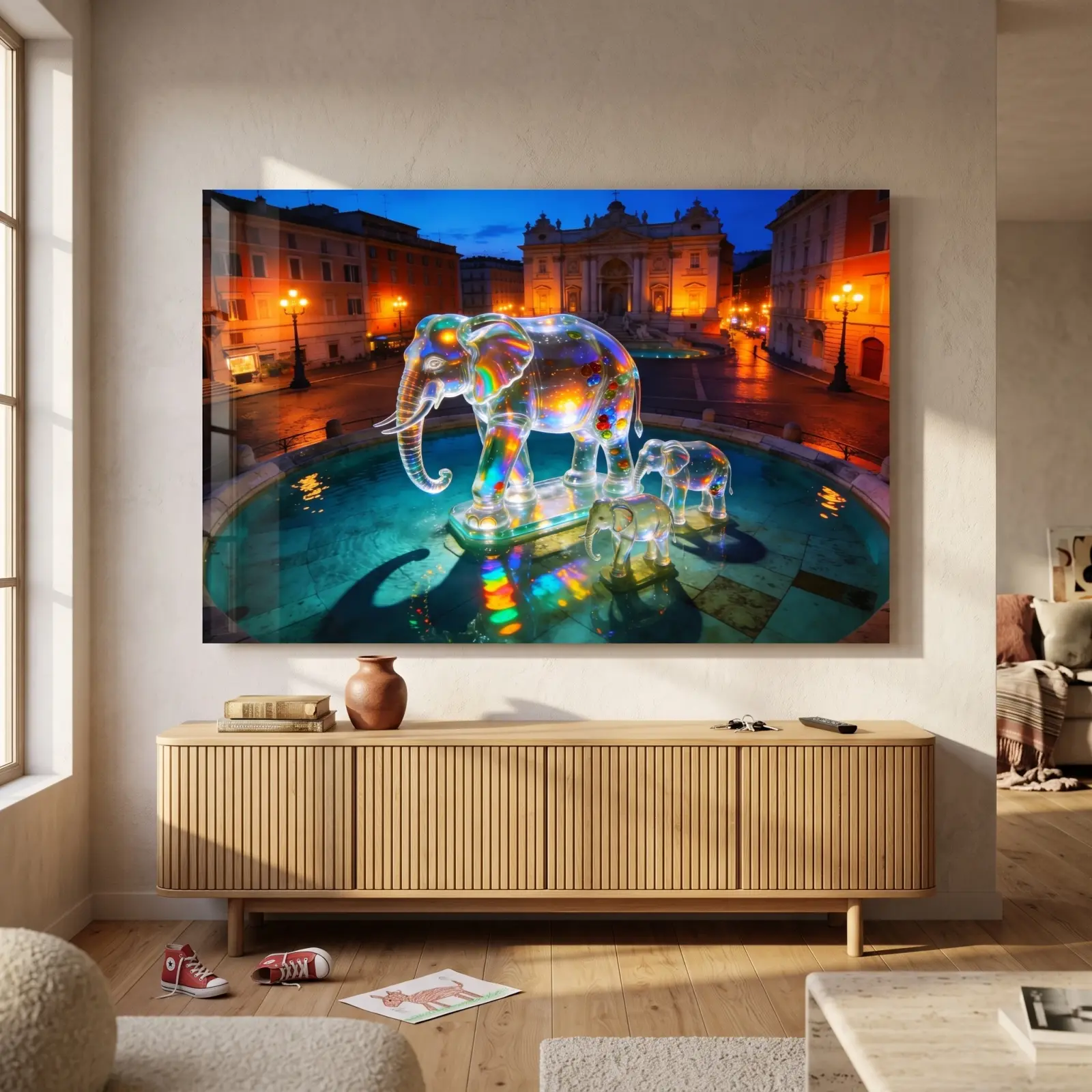 Glass Elephant Fountain Art Twilight Piazza | Glass Wall Art
