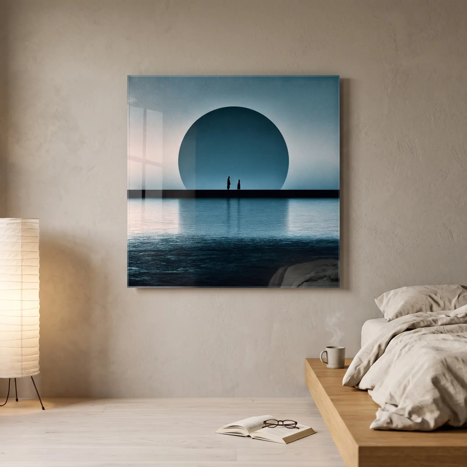 Moonrise Seascape Silhouette Couple Scene | Glass Wall Art