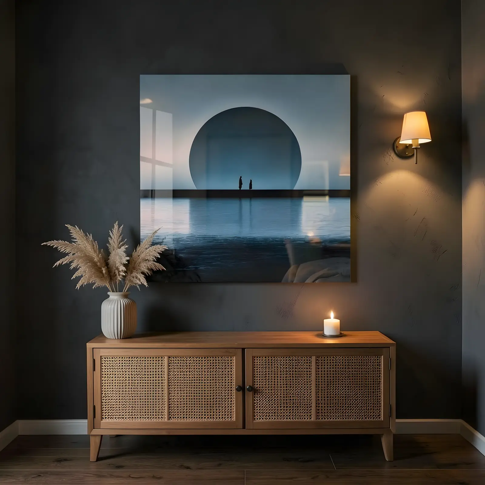 Moonrise Seascape Silhouette Couple Scene | Glass Wall Art — 5