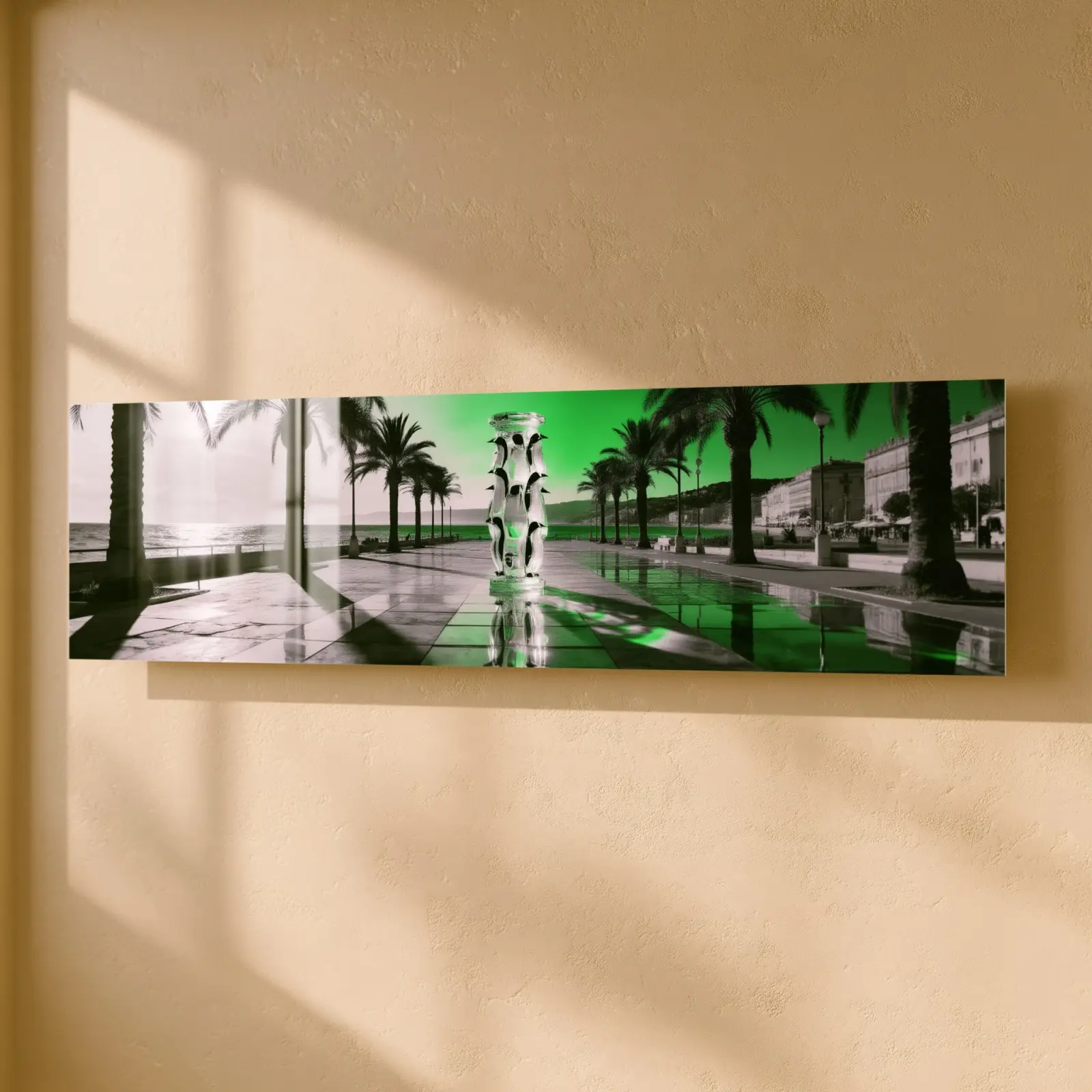 Penguin Promenade Glass Art Green Surreal Seaside | Tempered Glass Print