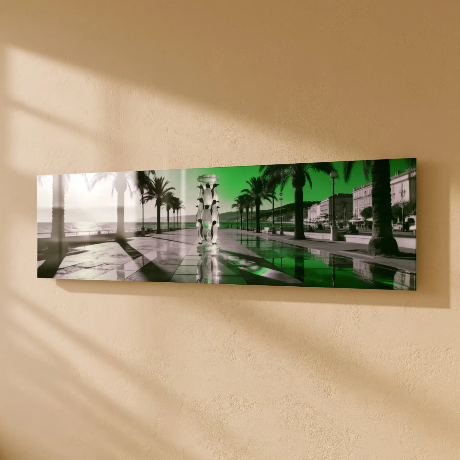 Penguin Promenade Glass Art Green Surreal Seaside | Tempered Glass Print — 2
