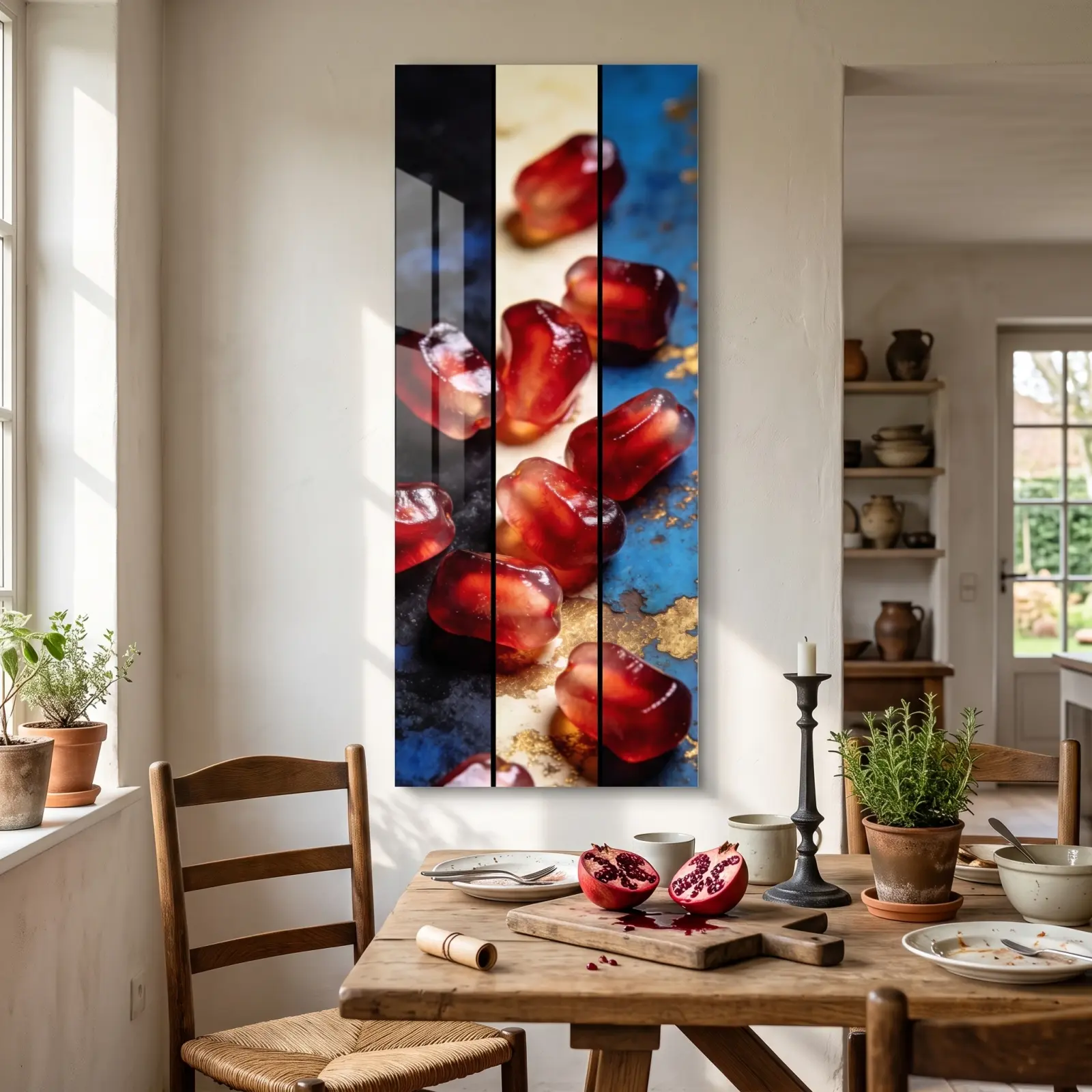 Pomegranate Seeds Triptych Gold Leaf Panel | Glass Wall Art