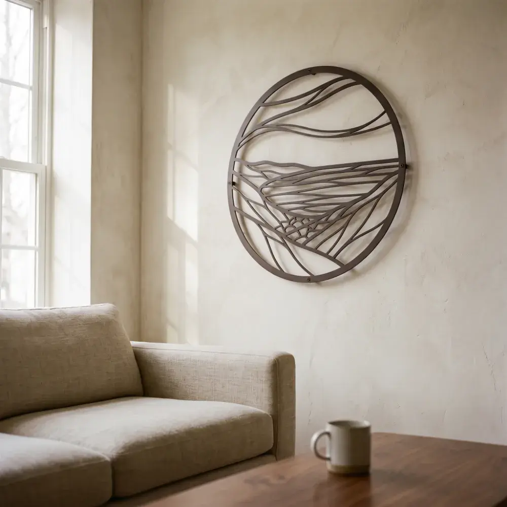 Round Landscape Metal Wall Art – Still Horizon, Modern Living Room Mountain Decor — 3