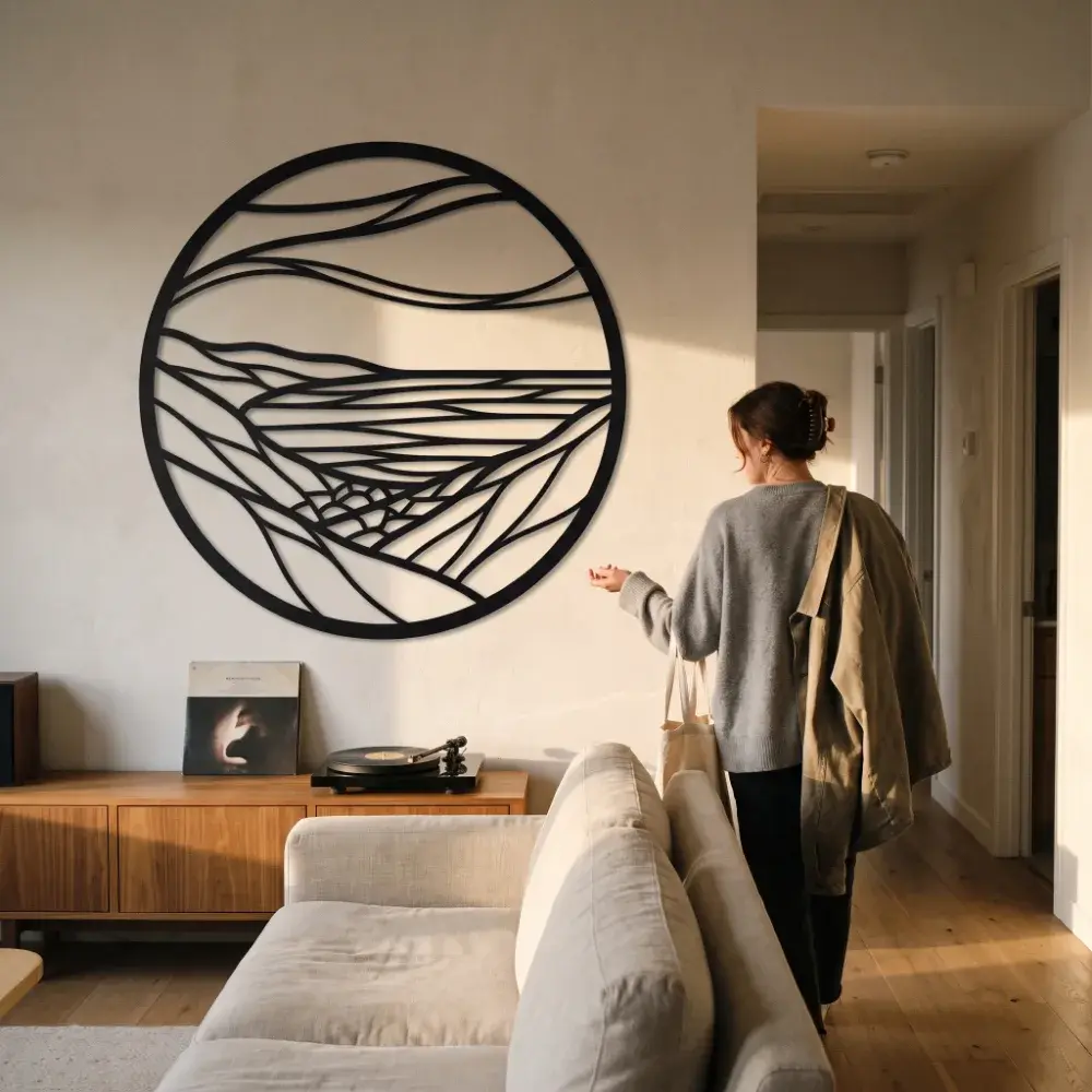 Round Landscape Metal Wall Art – Still Horizon, Modern Living Room Mountain Decor — 4