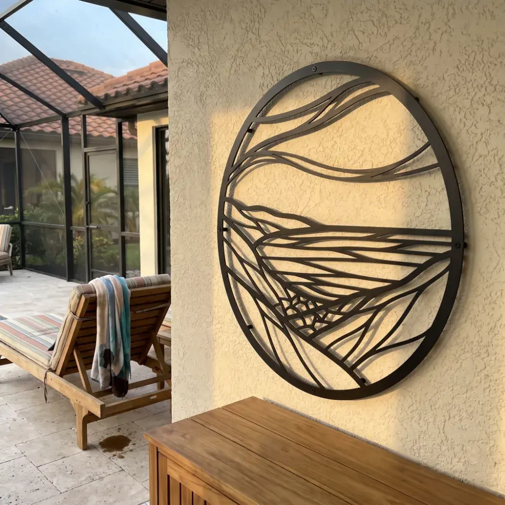 Round Landscape Metal Wall Art – Still Horizon, Modern Living Room Mountain Decor