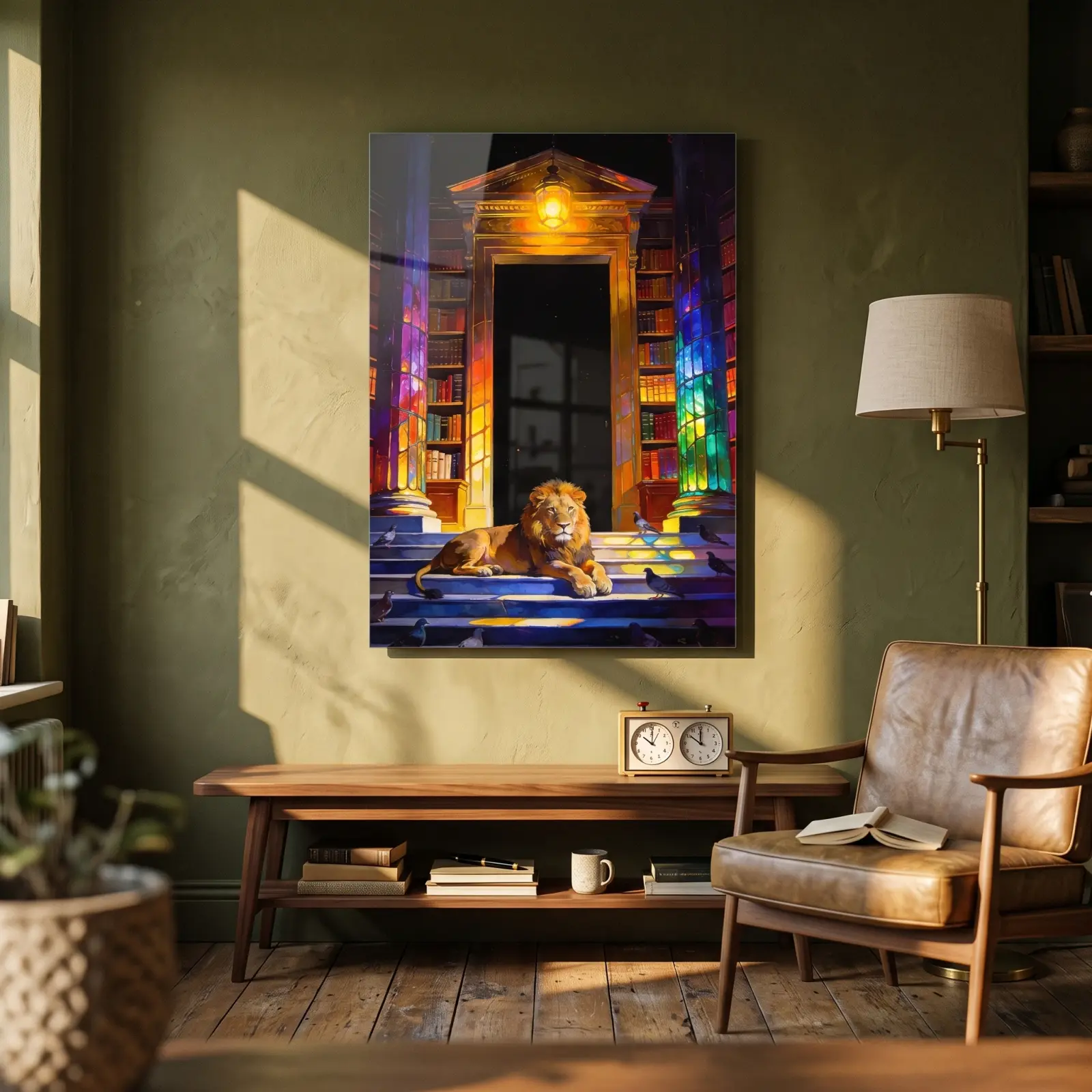 Lion Library Night Scene Stained Light Painting | Glass Wall Art