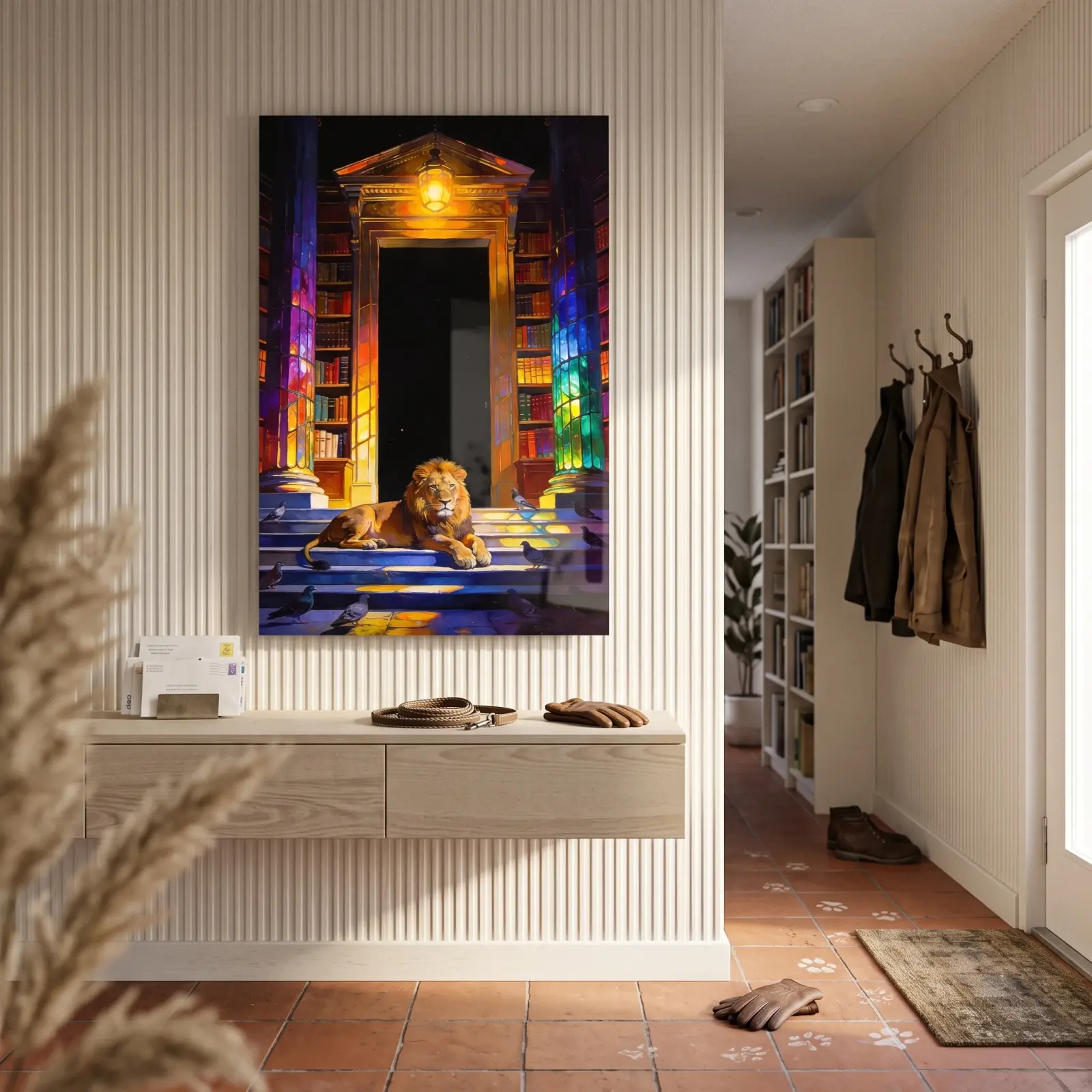 Lion Library Night Scene Stained Light Painting | Glass Wall Art — 2