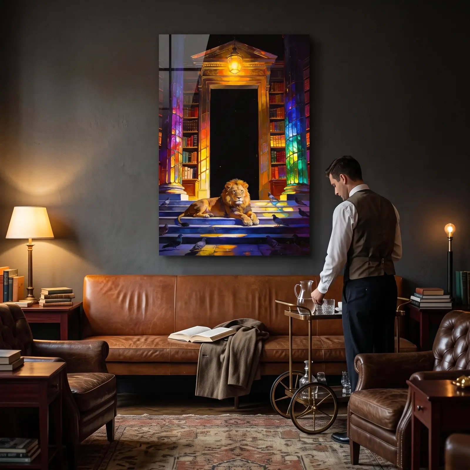 Lion Library Night Scene Stained Light Painting | Glass Wall Art — 3