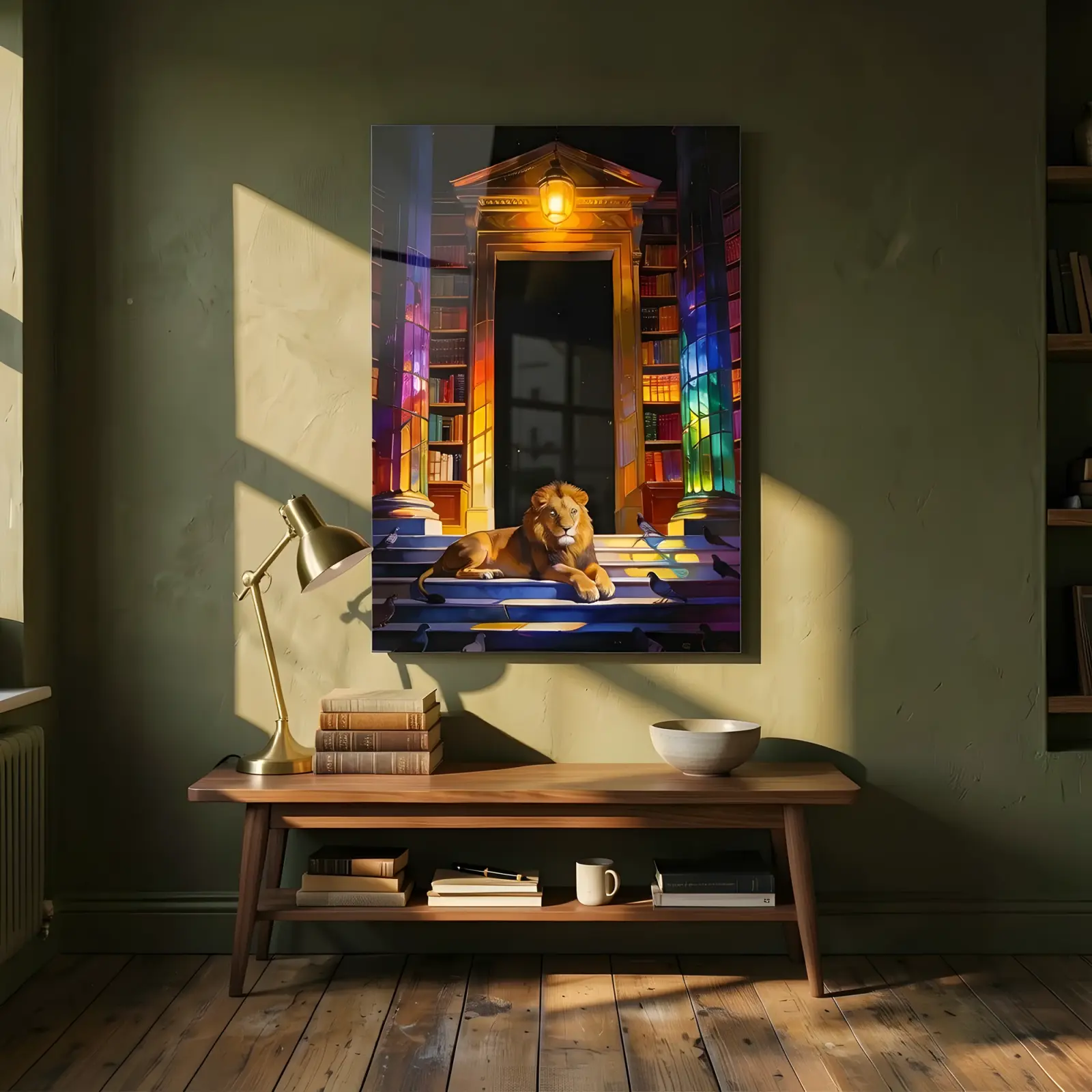 Lion Library Night Scene Stained Light Painting | Glass Wall Art — 4