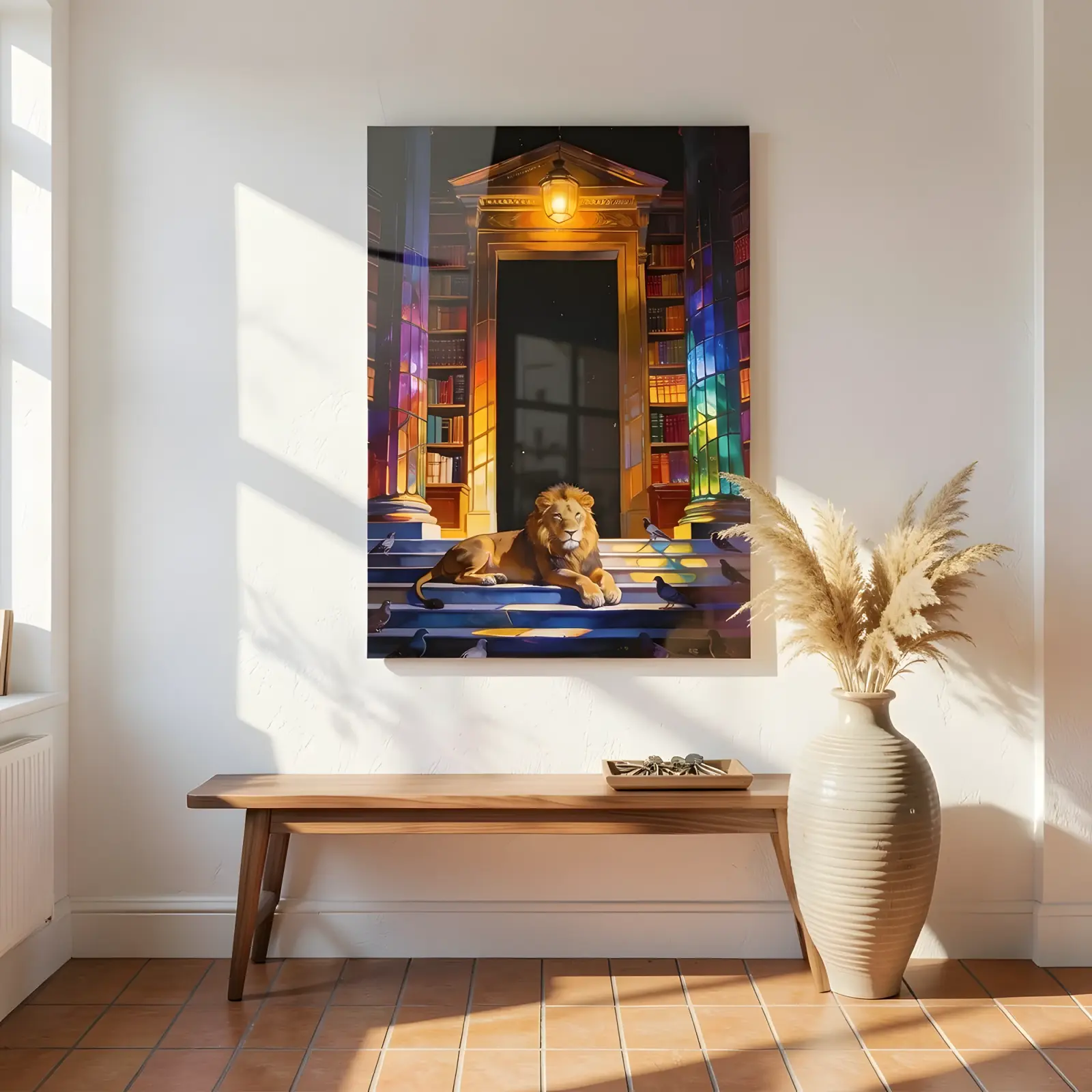 Lion Library Night Scene Stained Light Painting | Glass Wall Art — 5