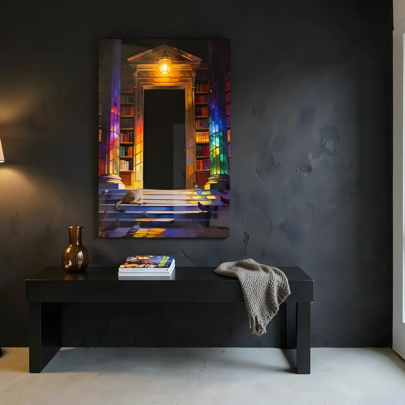 Lion Library Night Scene Stained Light Painting | Glass Wall Art — 6