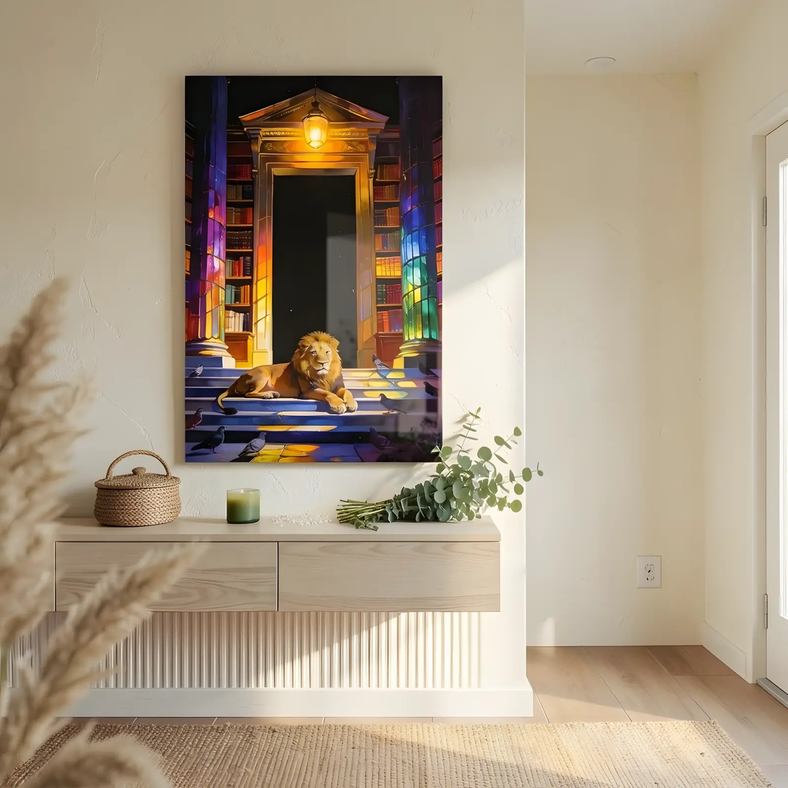 Lion Library Night Scene Stained Light Painting | Glass Wall Art — 7