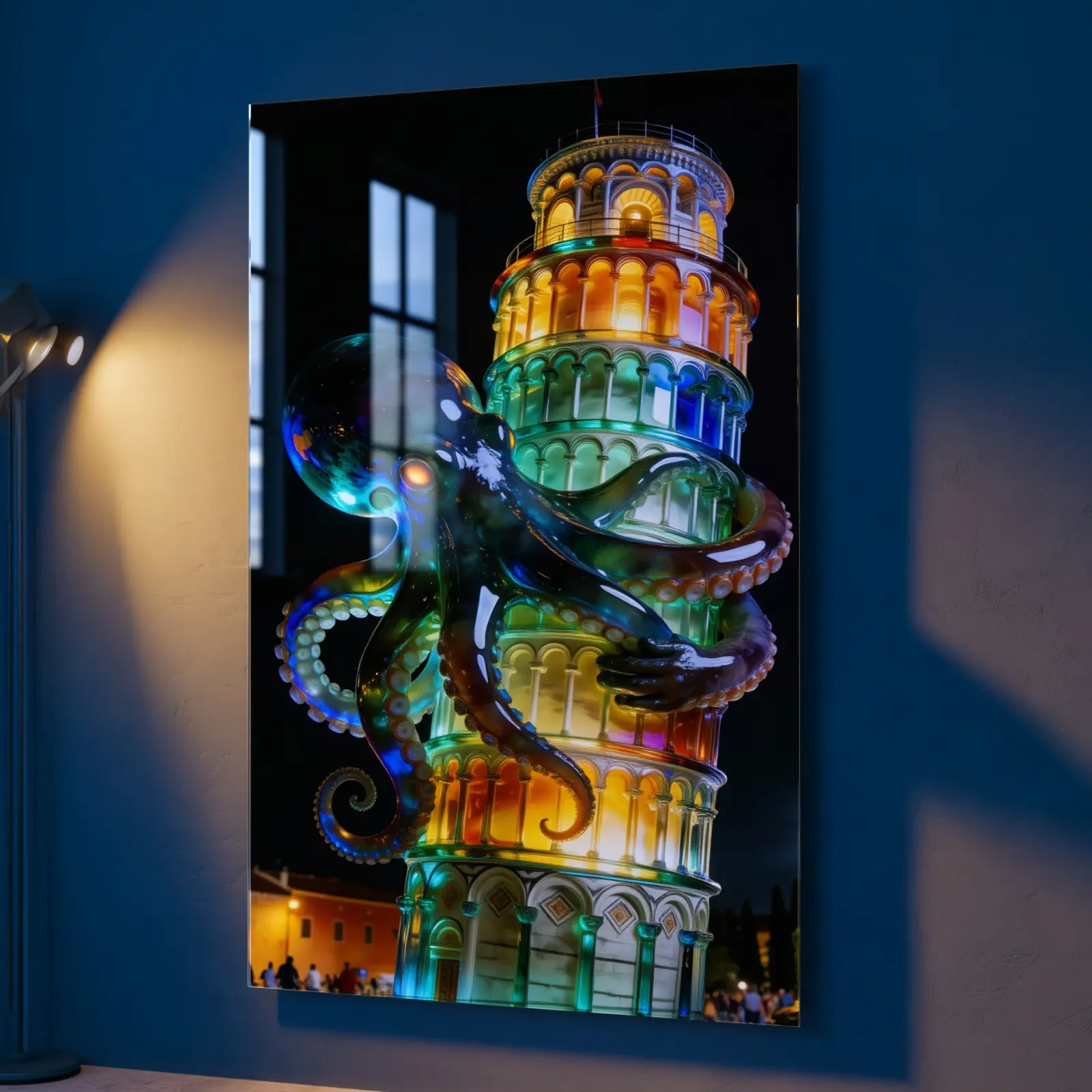 Octopus Tower Glass Wall Art Surreal Night | Tempered Glass Print