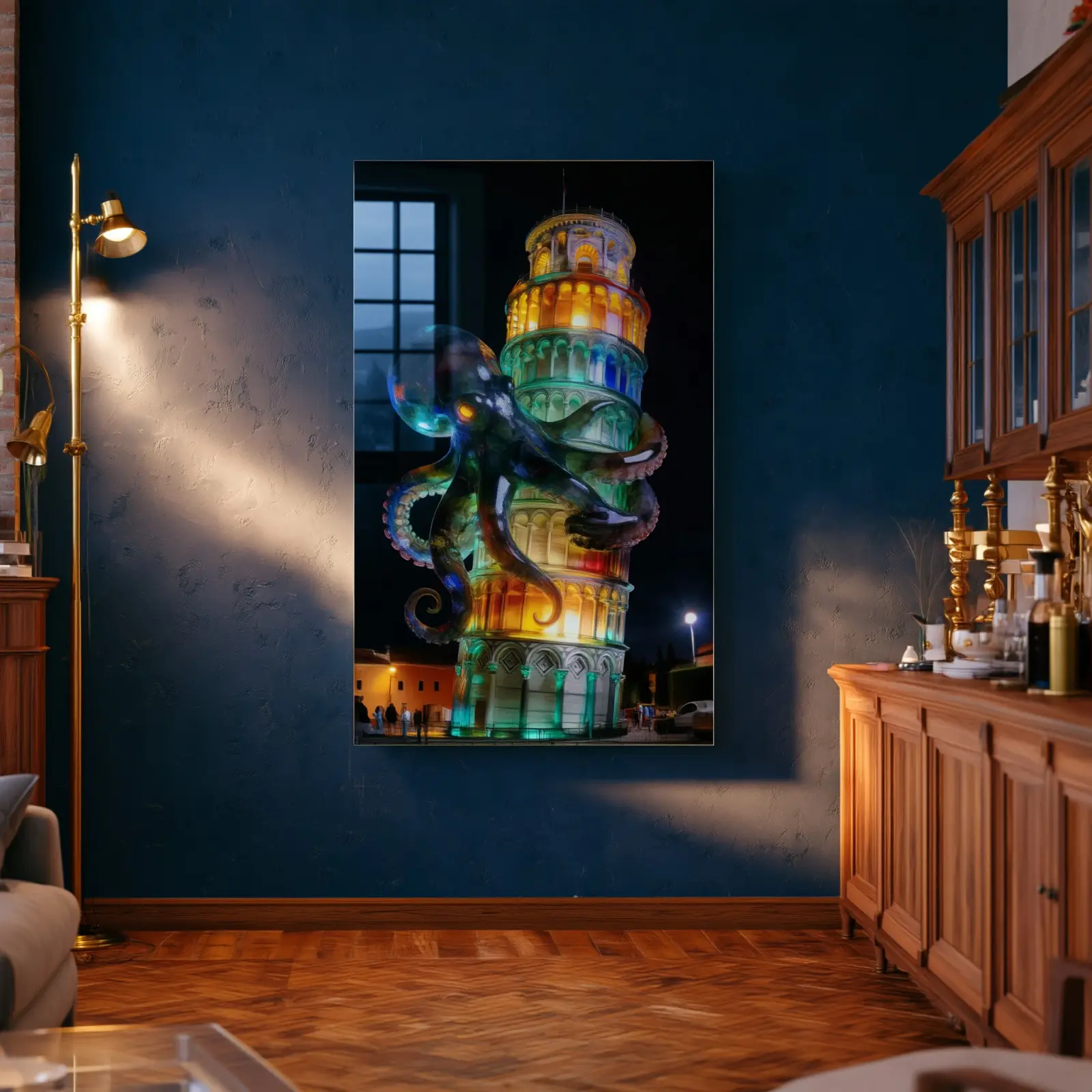 Octopus Tower Glass Wall Art Surreal Night | Tempered Glass Print — 2