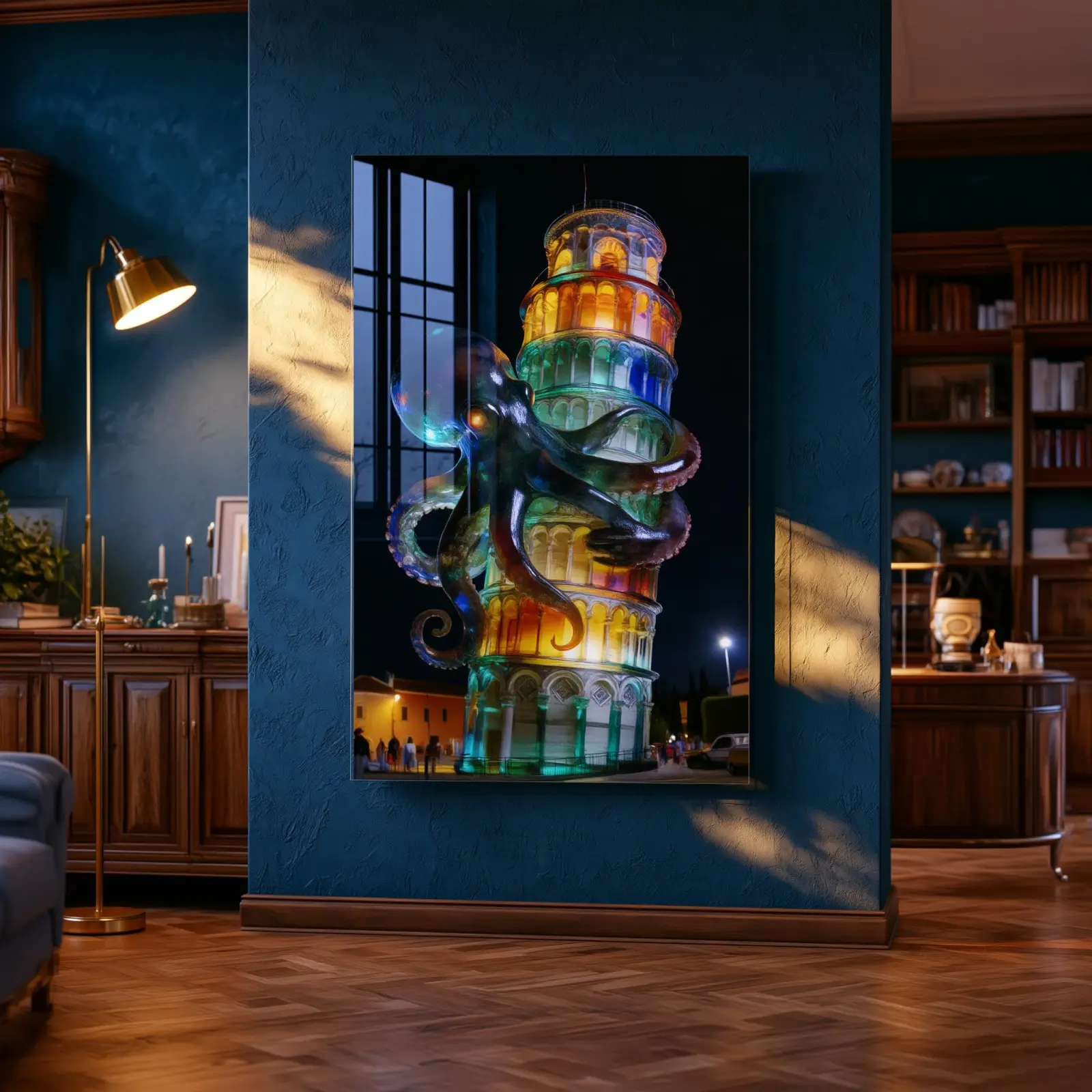 Octopus Tower Glass Wall Art Surreal Night | Tempered Glass Print — 3