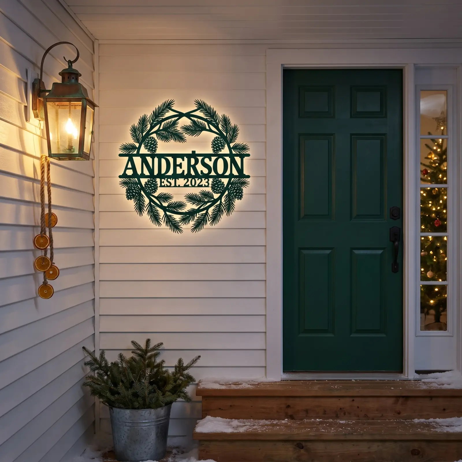 Personalized Christmas Wreath Metal Wall Art LED – Hearth Circle, Front Porch Family Name Decor