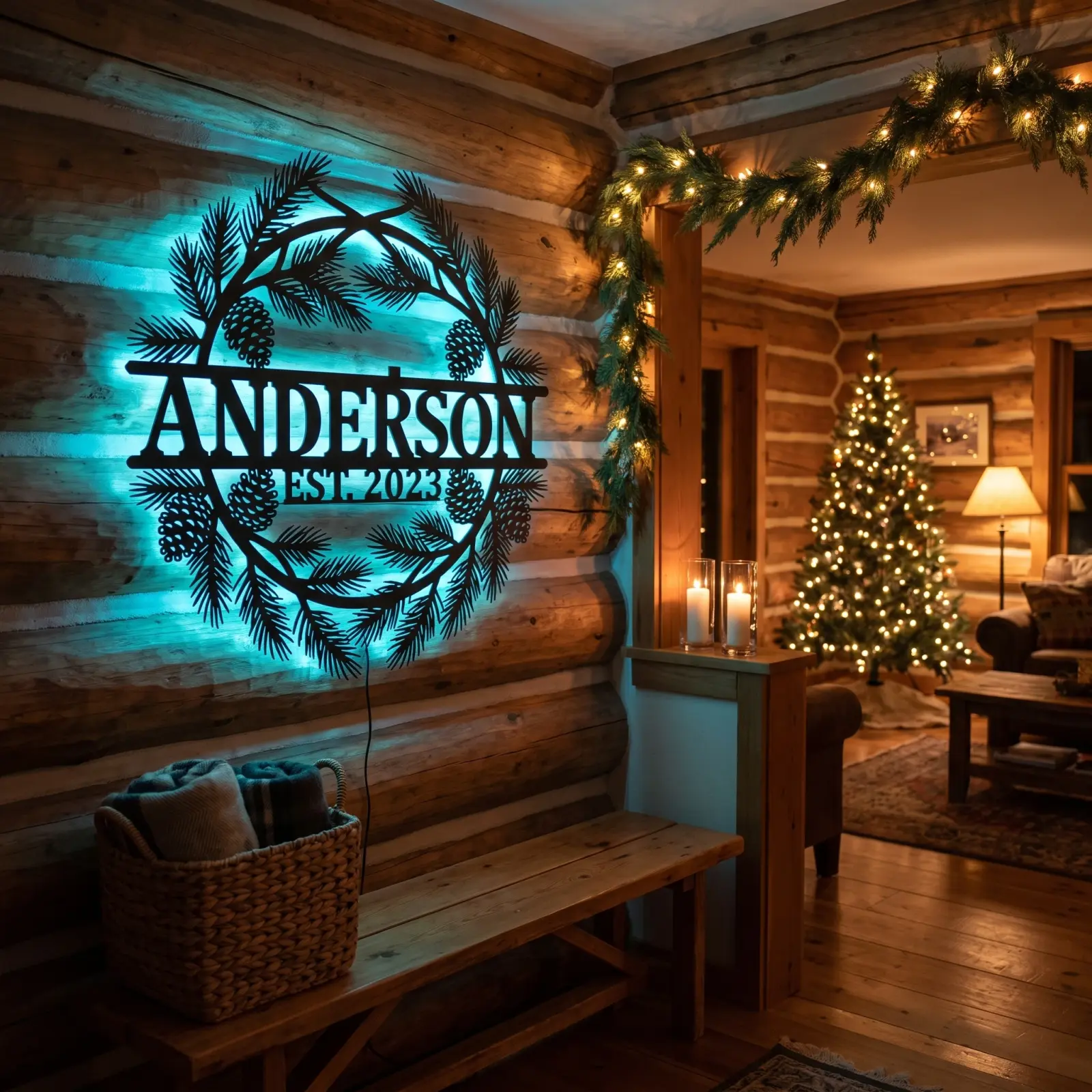 Personalized Christmas Wreath Metal Wall Art LED – Hearth Circle, Front Porch Family Name Decor — 3