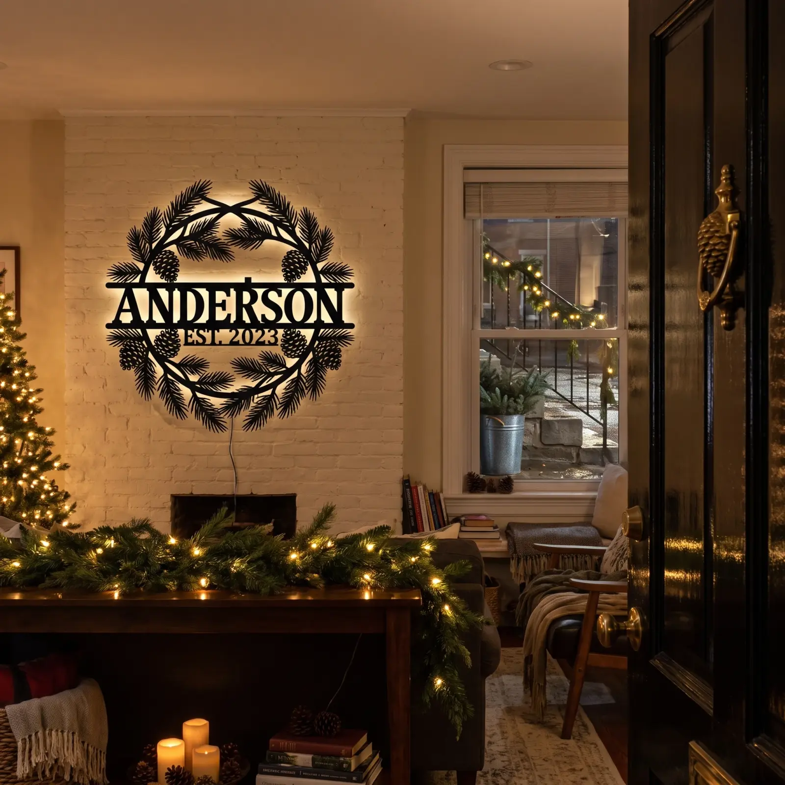 Personalized Christmas Wreath Metal Wall Art LED – Hearth Circle, Front Porch Family Name Decor — 4