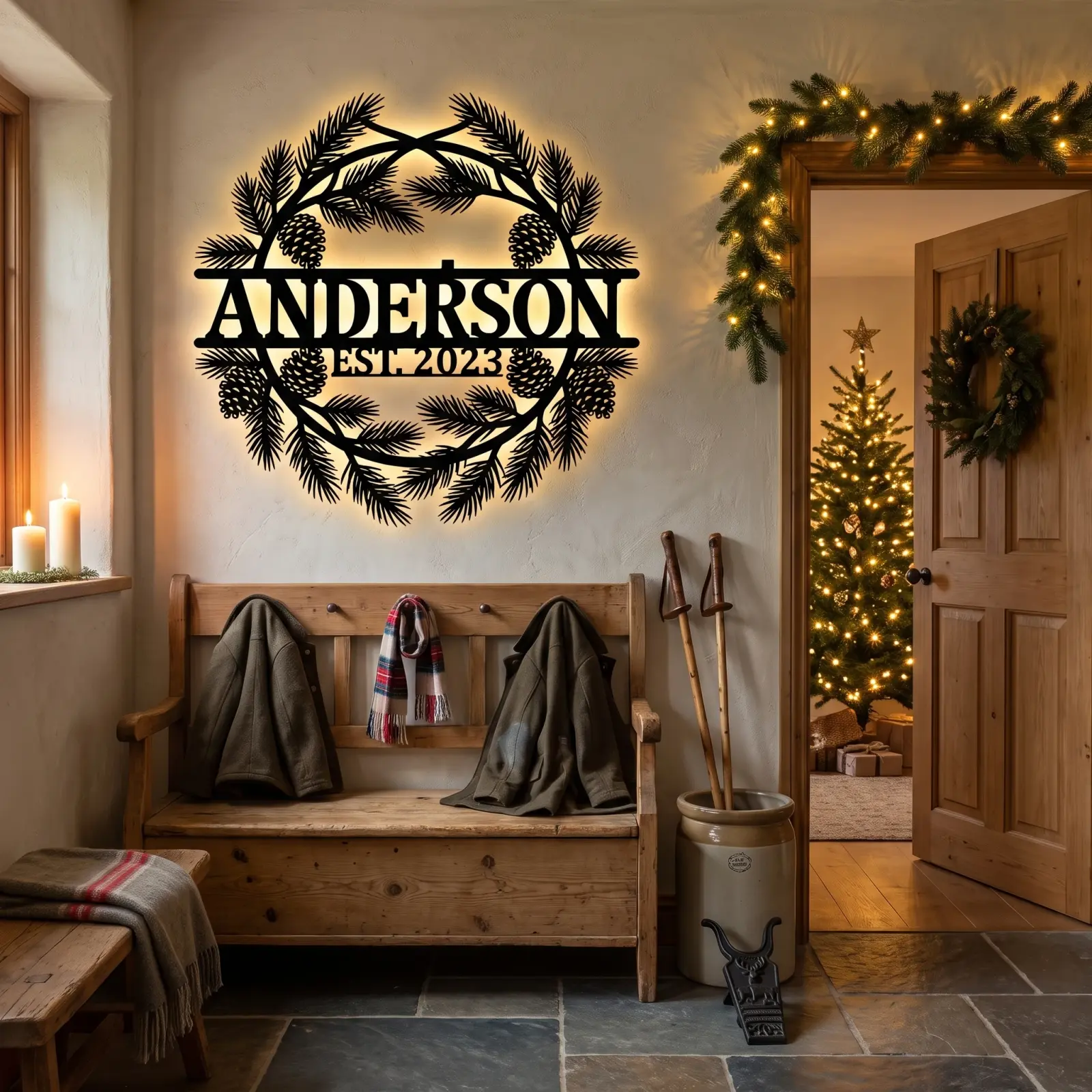 Personalized Christmas Wreath Metal Wall Art LED – Hearth Circle, Front Porch Family Name Decor — 8