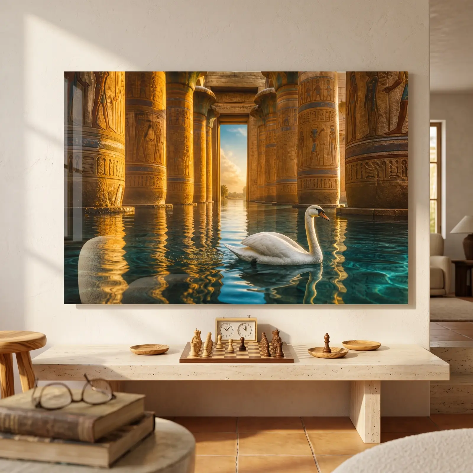 Egyptian Temple Swan Reflection Golden Hour | Glass Wall Art