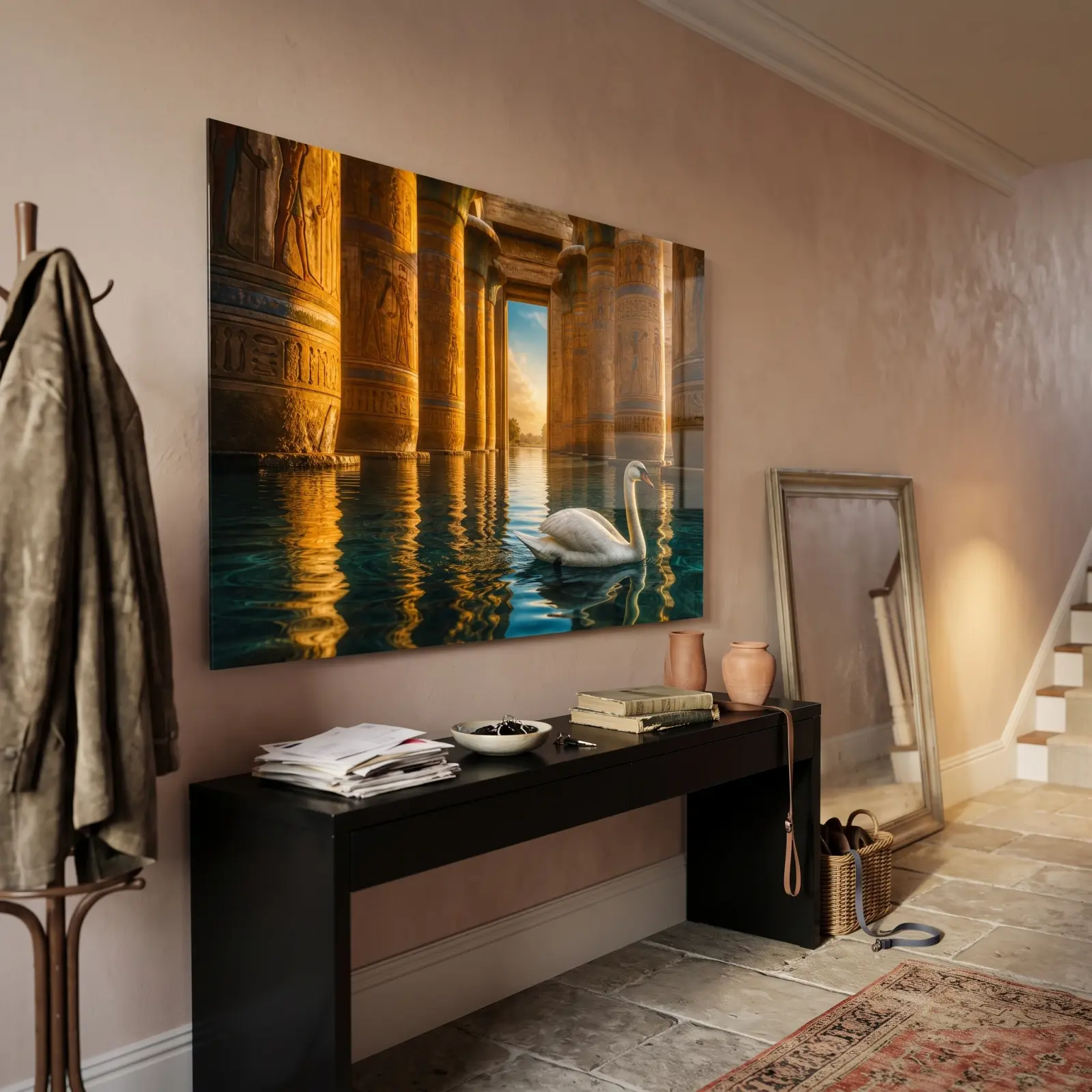 Egyptian Temple Swan Reflection Golden Hour | Glass Wall Art — 3