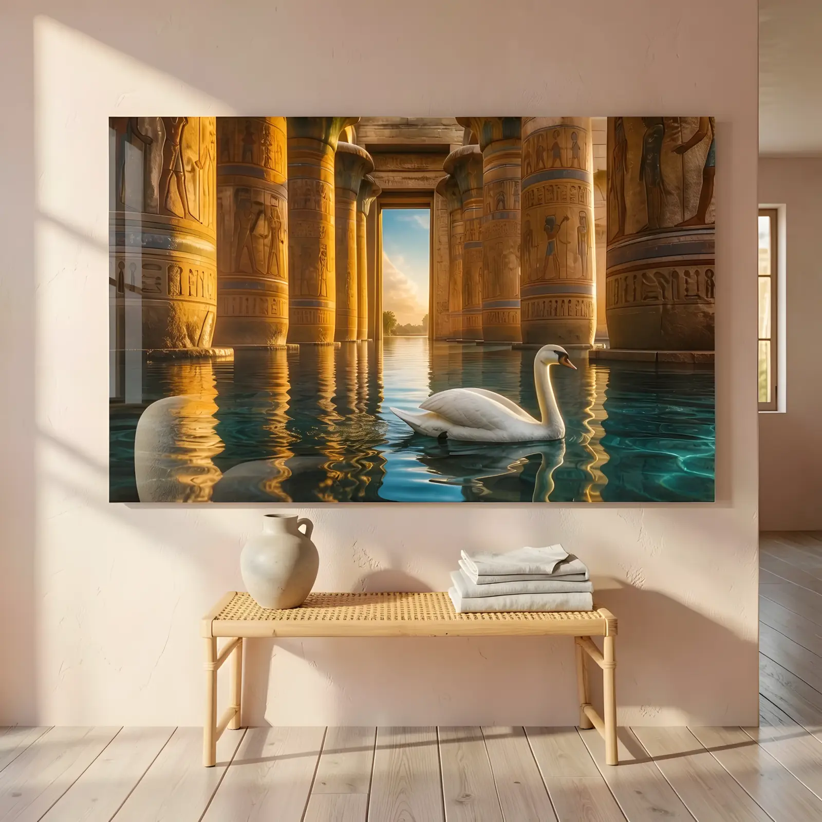 Egyptian Temple Swan Reflection Golden Hour | Glass Wall Art — 4