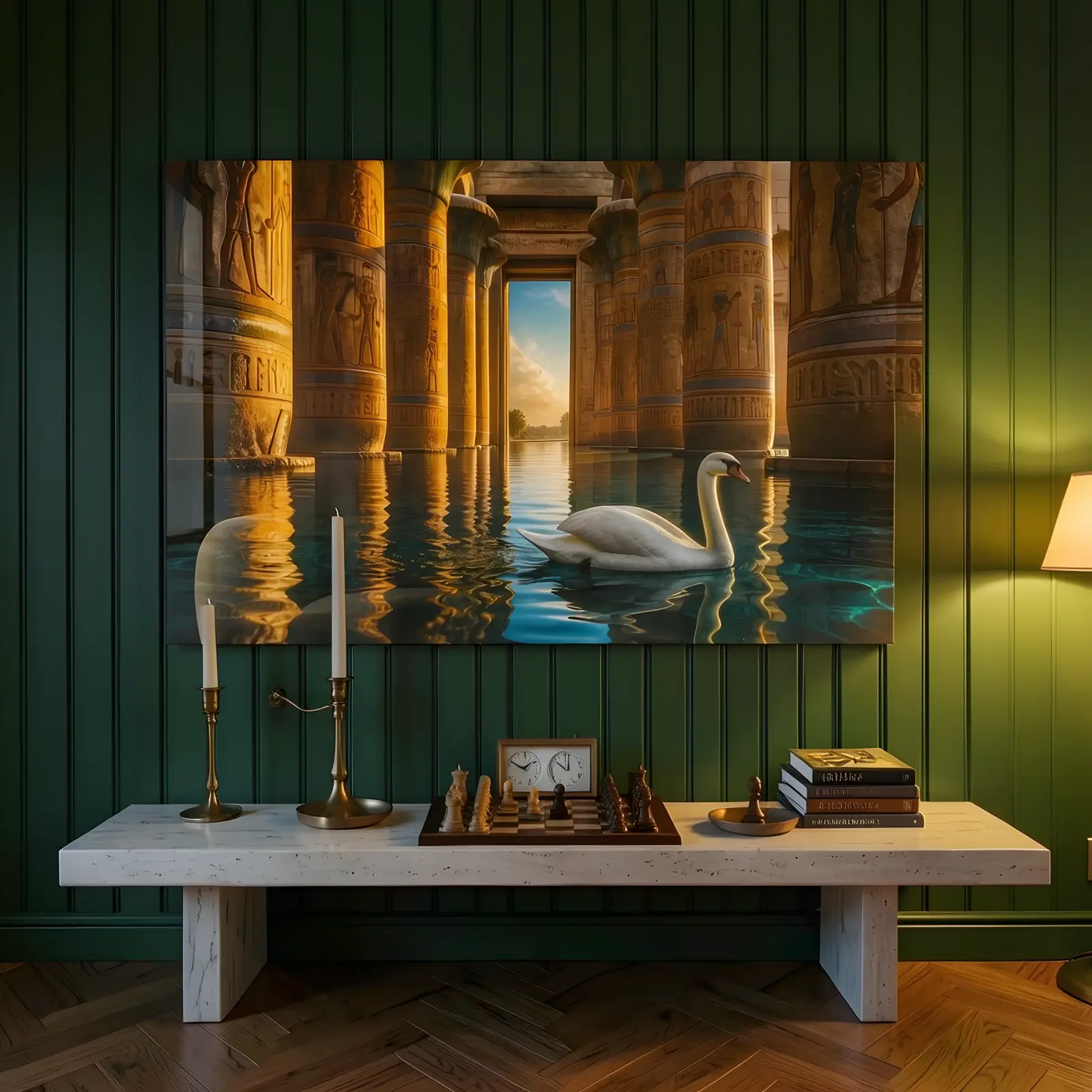 Egyptian Temple Swan Reflection Golden Hour | Glass Wall Art — 5