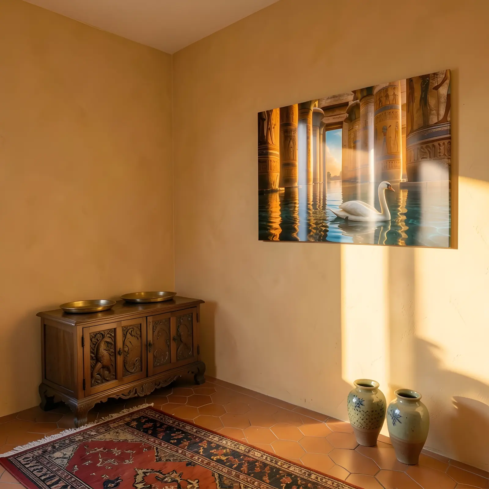 Egyptian Temple Swan Reflection Golden Hour | Glass Wall Art — 7