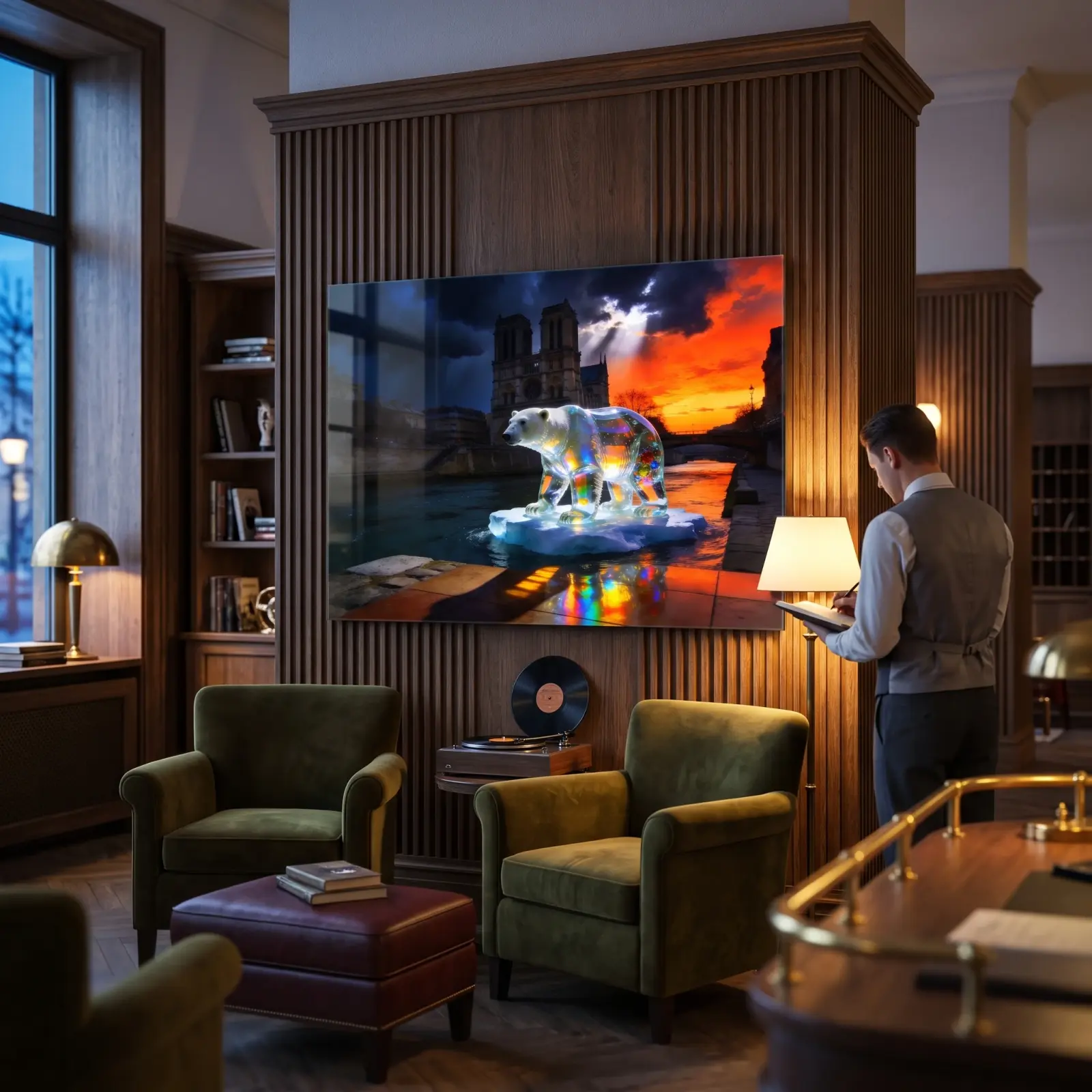 Polar Bear Paris Art Surreal Sunset Seine | Glass Wall Art — 3