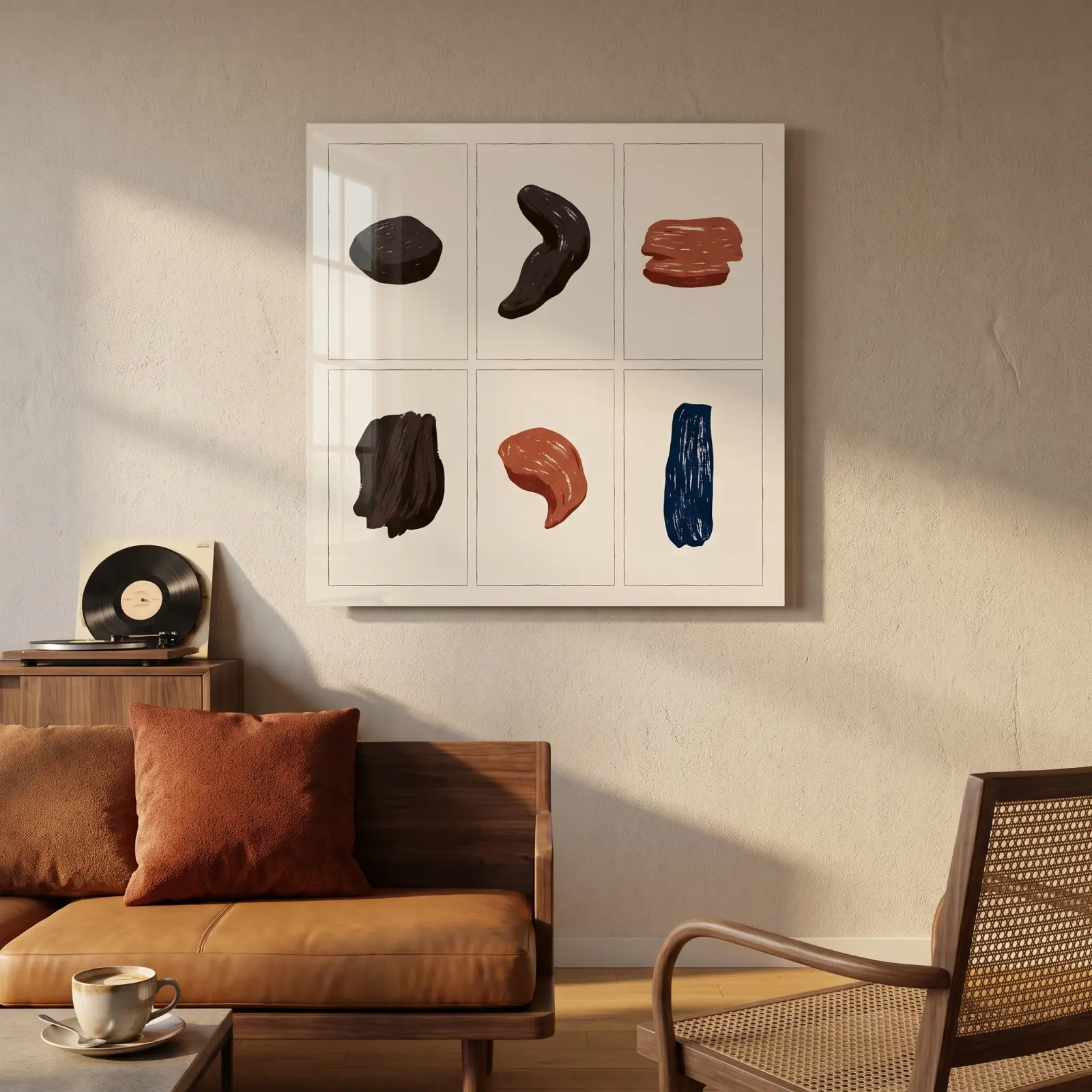 Abstract Brushstroke Wall Art Earthy Neutral Grid | Glass Wall Art