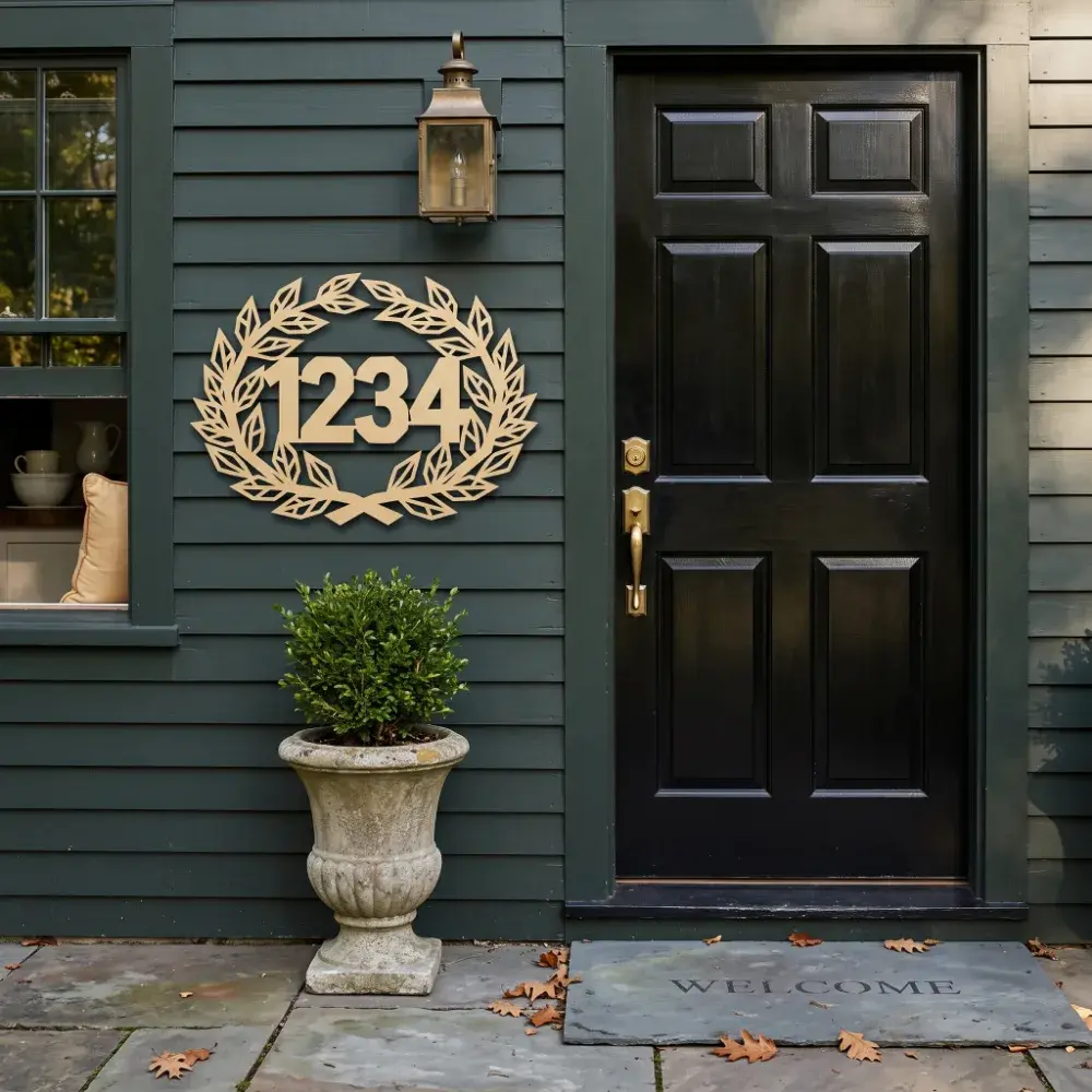 Laurel Wreath Metal Address Sign – Heritage Mark, Custom House Number Front Porch Decor