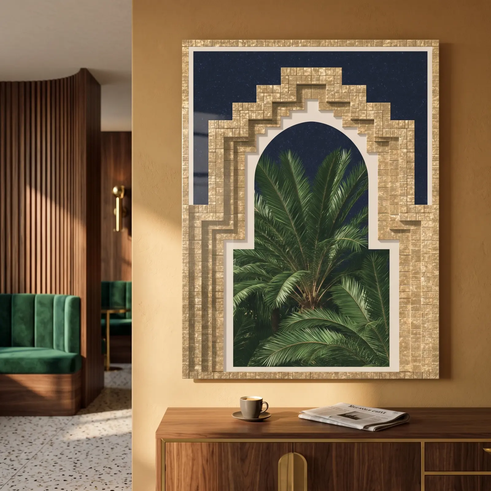 Art Deco Palm Arch Golden Tile Night Glass Wall Art