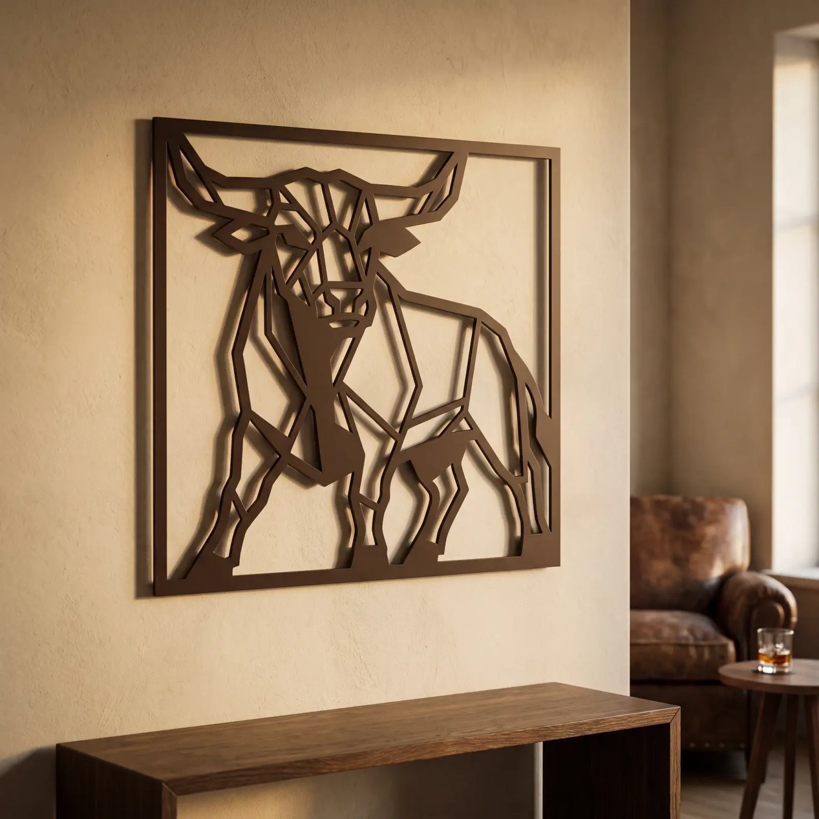 Geometric Bull Metal Wall Art – Stoic Bull, Rustic Living Room Decor