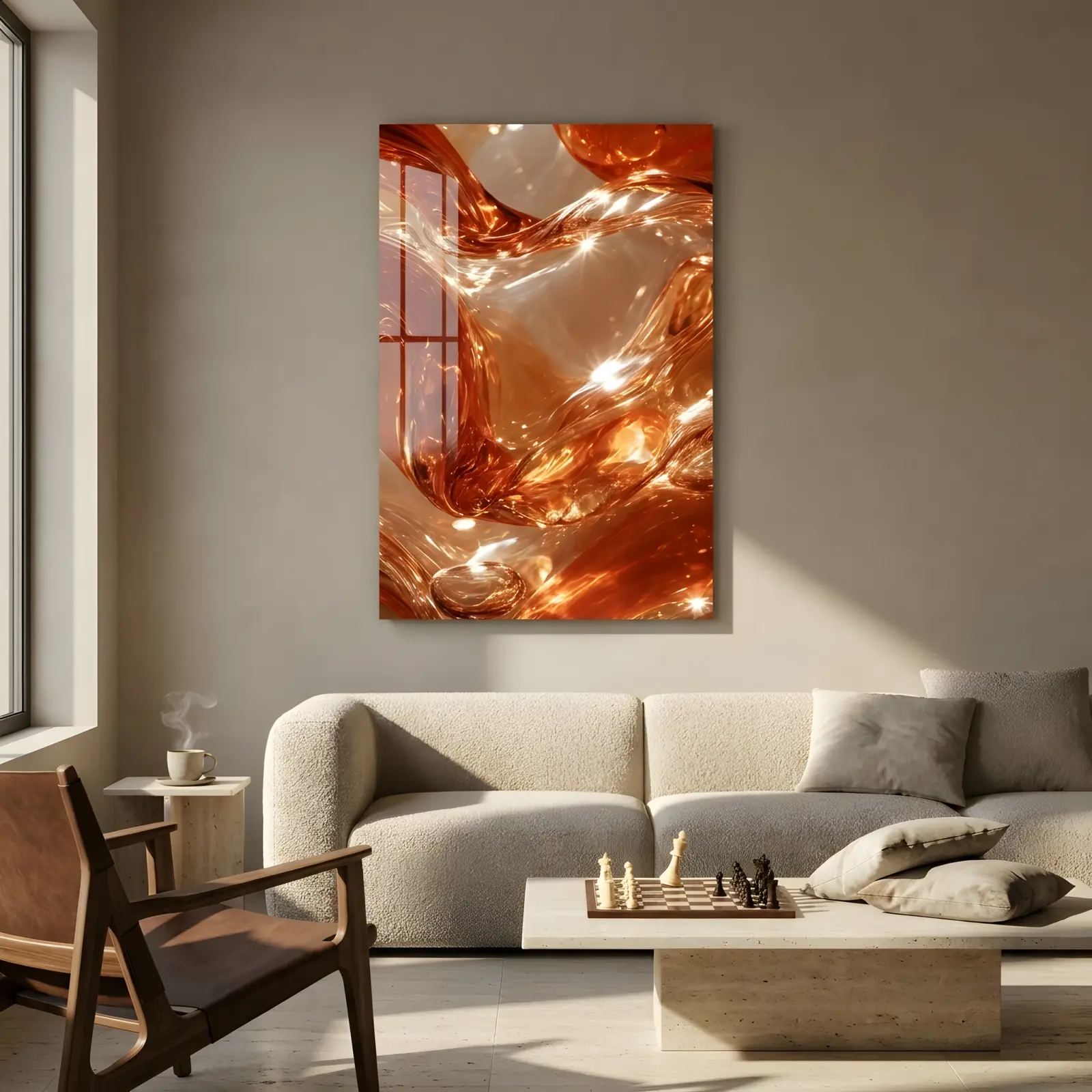 Amber Abstract Glass Wall Art Liquid Copper Flow Glass Wall Decor