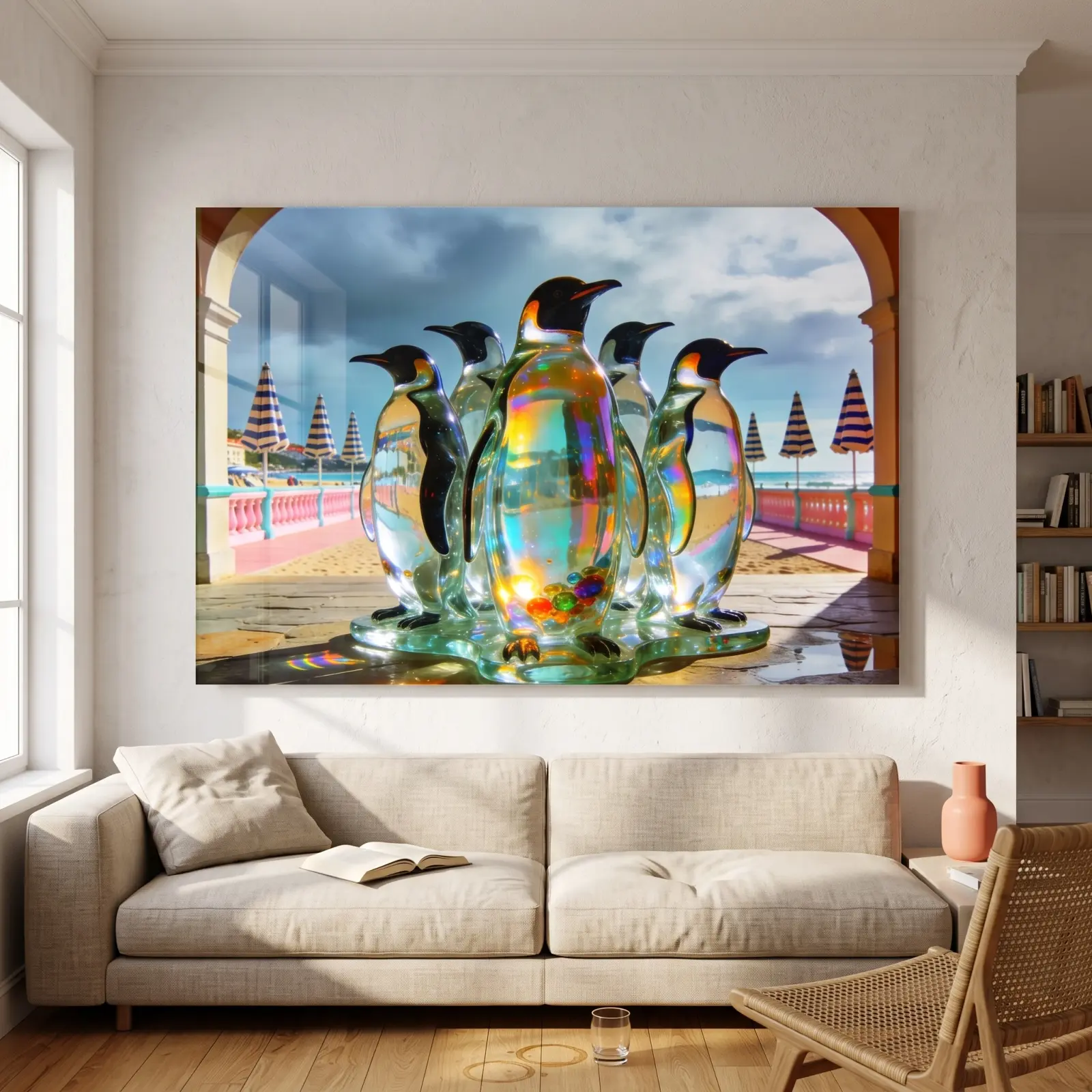 Crystal Penguin Coastal Art Iridescent Seaside Decor | Glass Wall Art