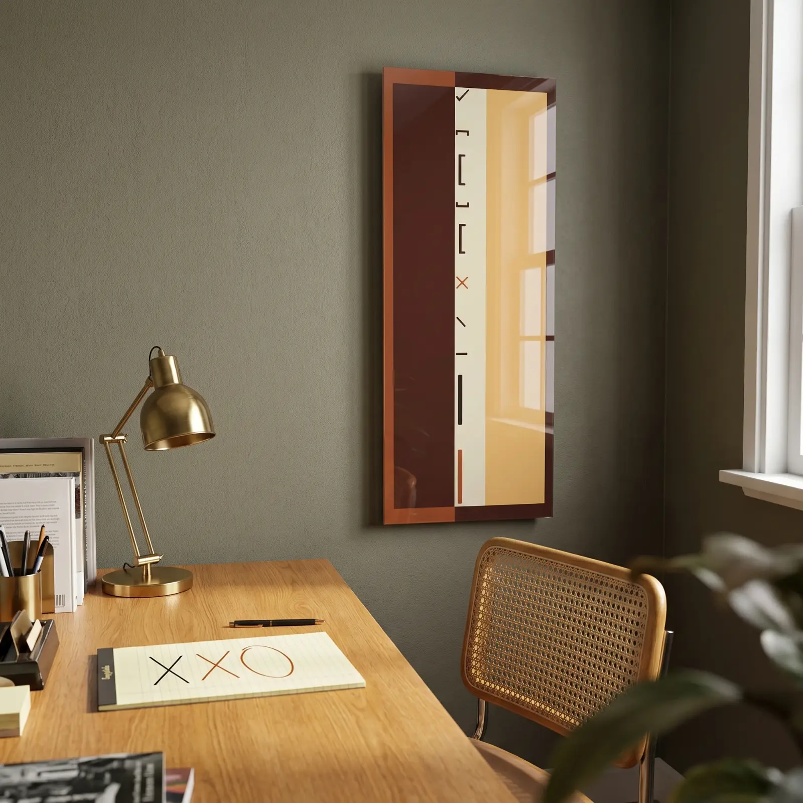 Bauhaus Glass Wall Art Vertical Ochre Brown Marks | Glass Wall Decor — 2