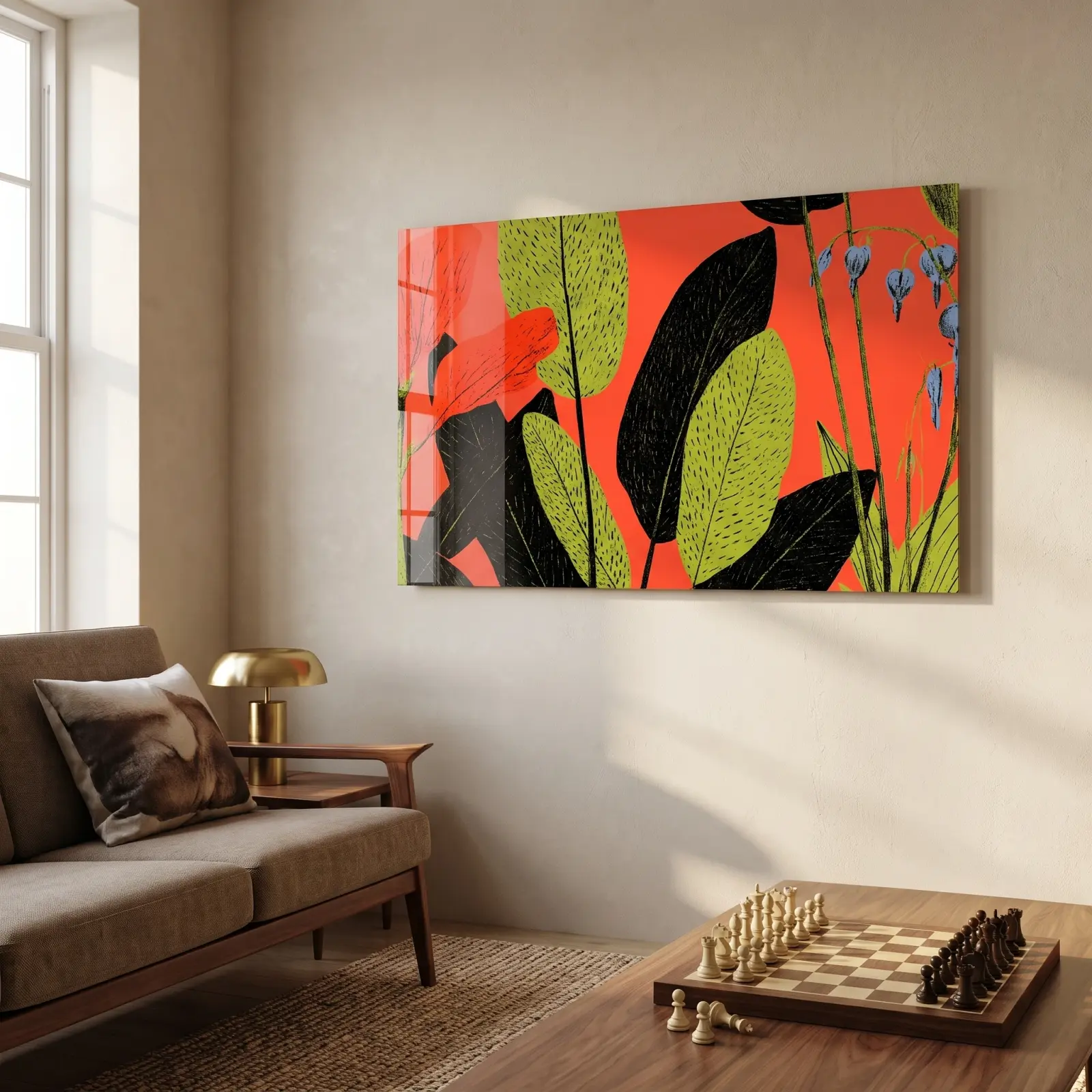 Retro Botanical Glass Wall Art Bold Coral Leaves | Glass Wall Decor