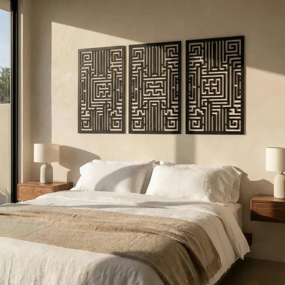 Abstract Geometric Metal Wall Art – Linear Maze Triptych, Living Room Decor