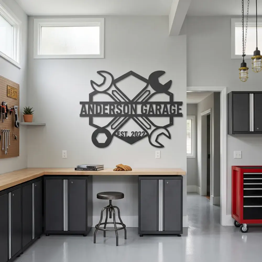 Custom Garage Metal Industrial Wall Art – Wrench Crest, Man Cave Workshop Decor