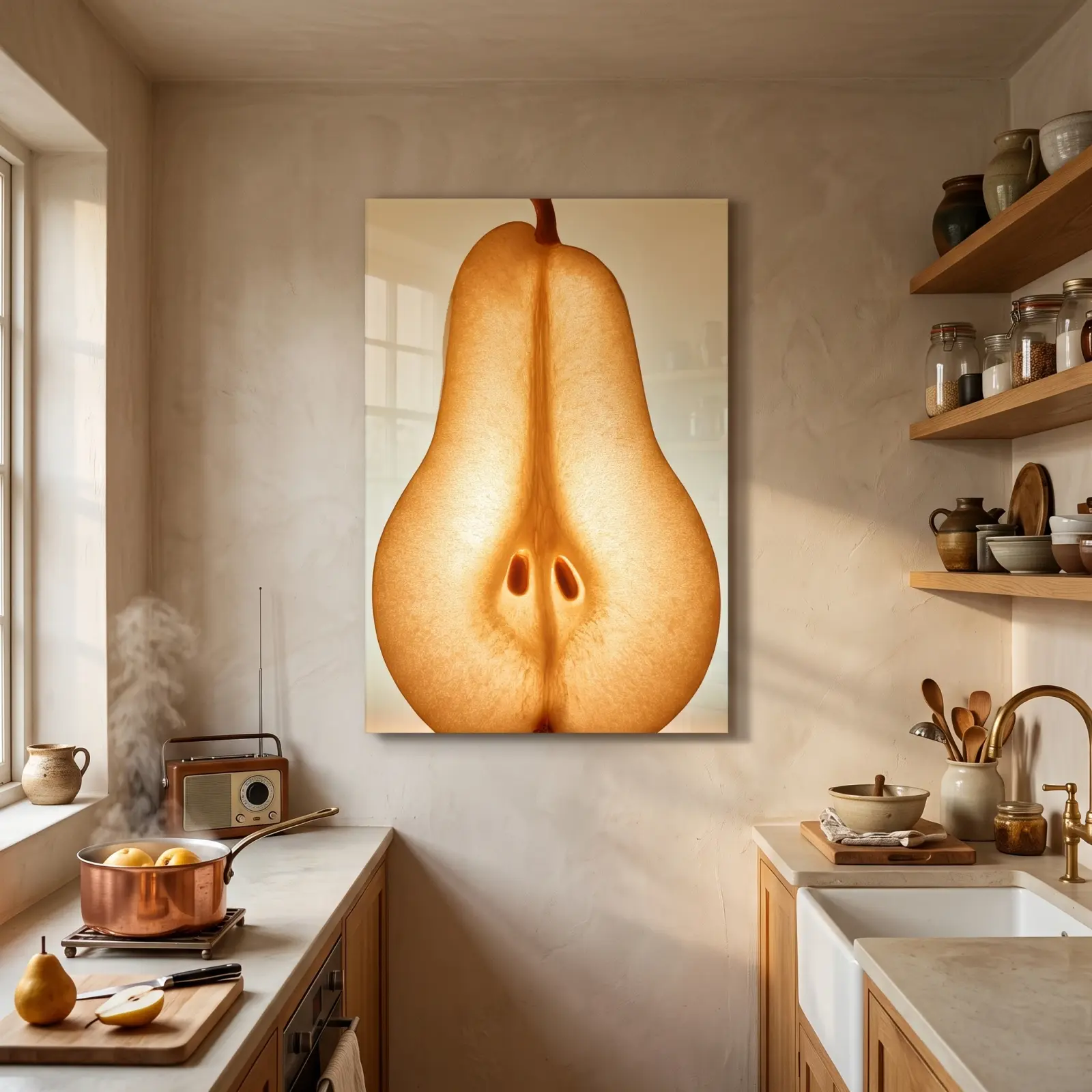 Golden Pear Wall Art Backlit Amber Fruit Detail | Tempered Glass Print