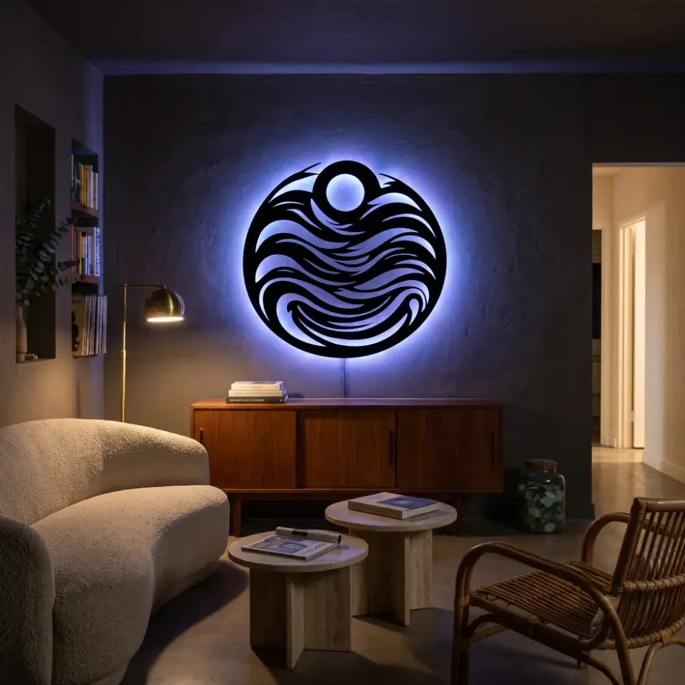 Ocean Wave Circle Metal Wall Art – Tide Chorus, LED Backlit Coastal Living Room Decor — 2