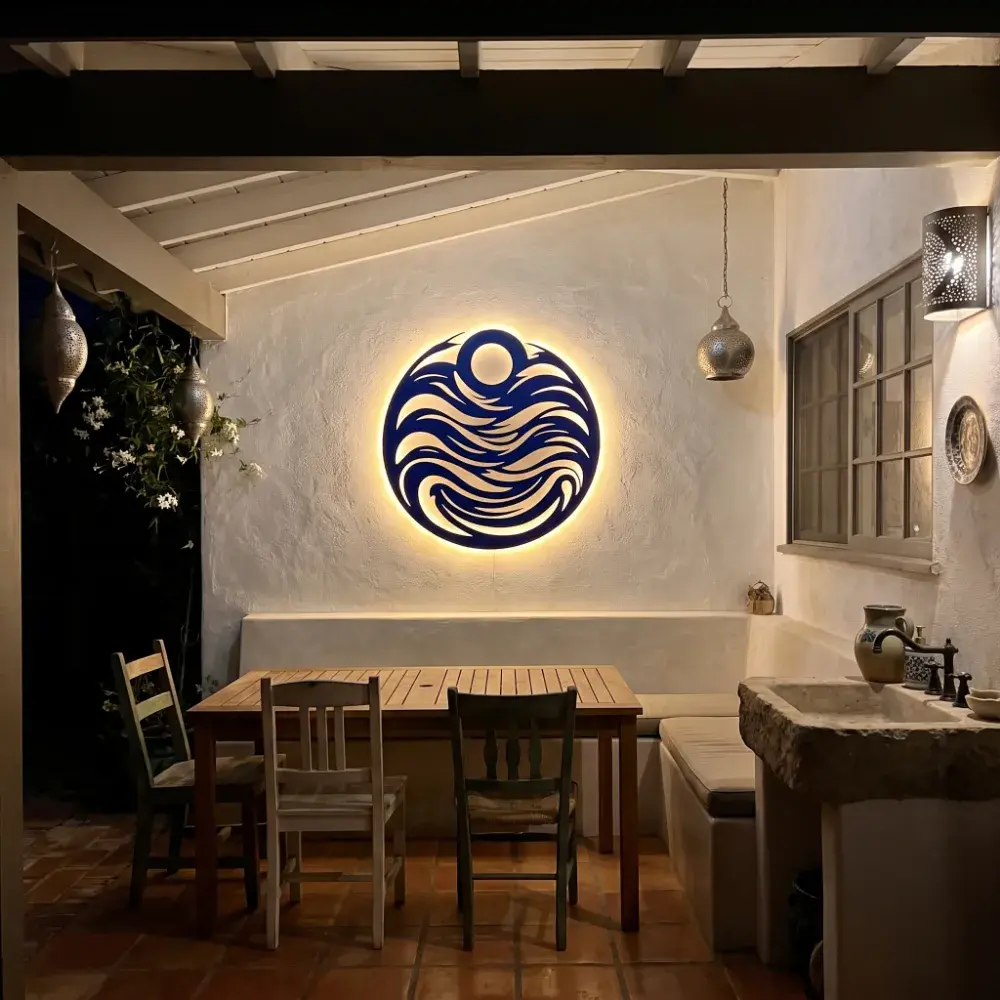 Ocean Wave Circle Metal Wall Art – Tide Chorus, LED Backlit Coastal Living Room Decor — 4