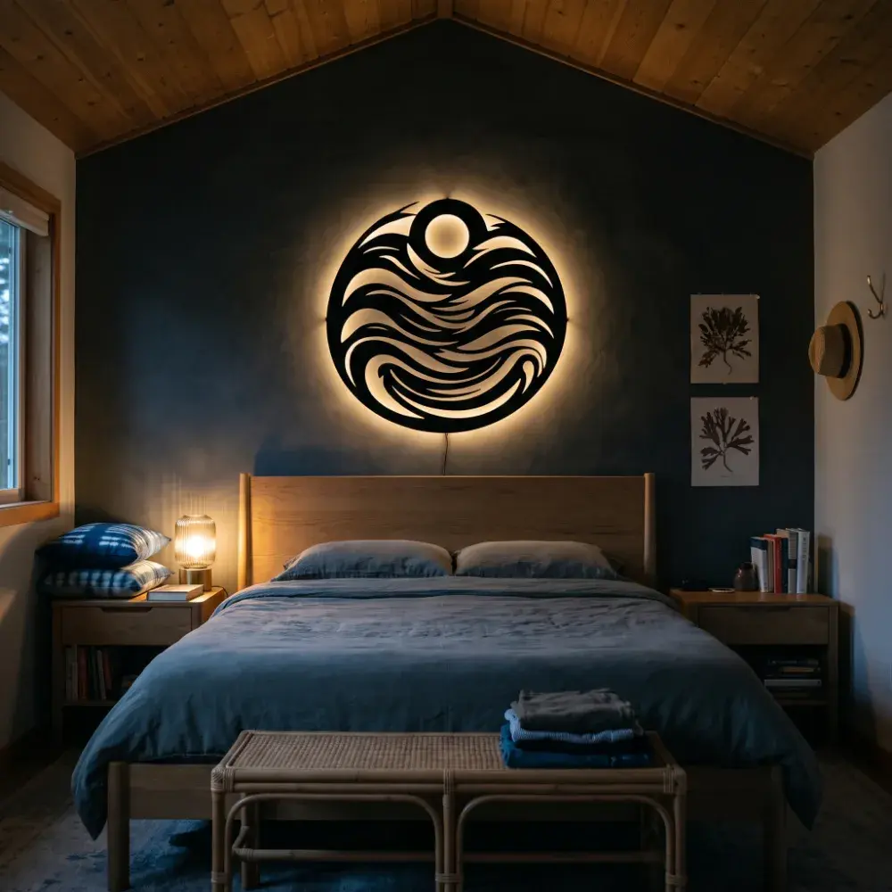 Ocean Wave Circle Metal Wall Art – Tide Chorus, LED Backlit Coastal Living Room Decor — 6