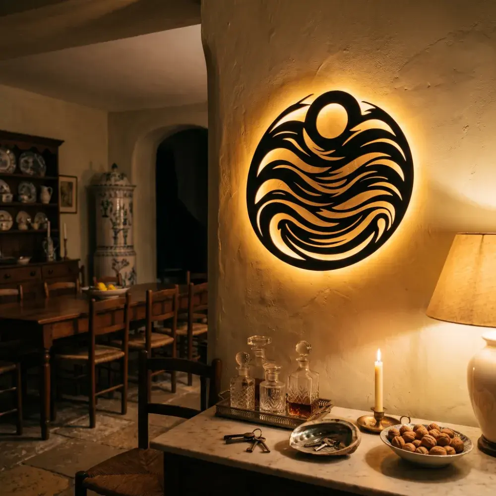 Ocean Wave Circle Metal Wall Art – Tide Chorus, LED Backlit Coastal Living Room Decor — 7