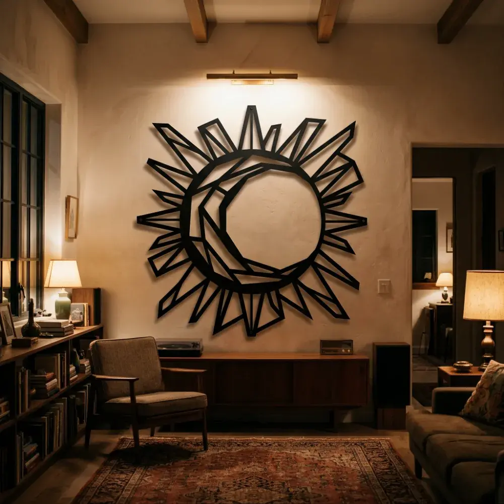 Geometric Sun and Moon Metal Wall Art – Celestial Harmony, Living Room Decor