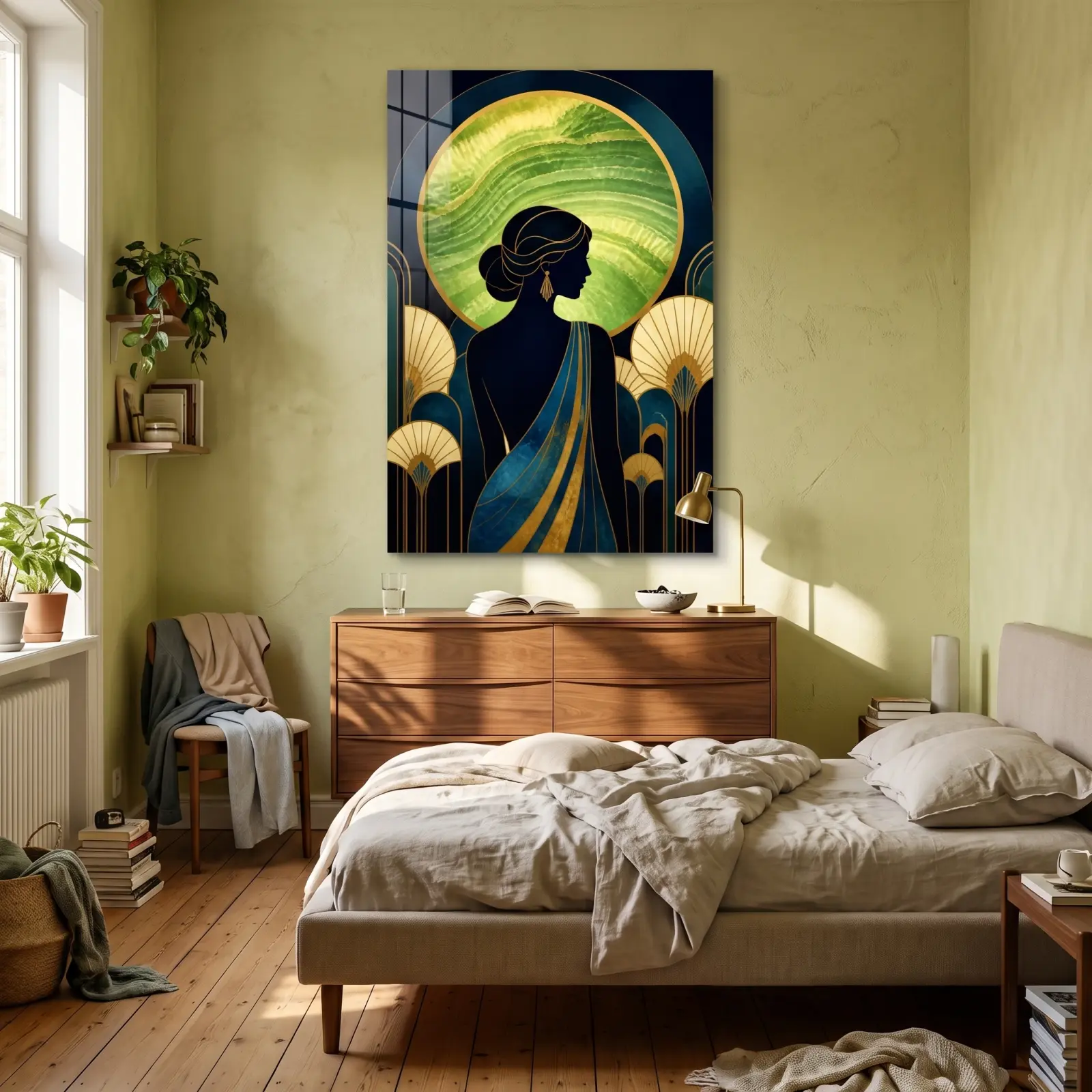 Art Deco Woman Portrait Green Onyx Arch Design | Glass Wall Art