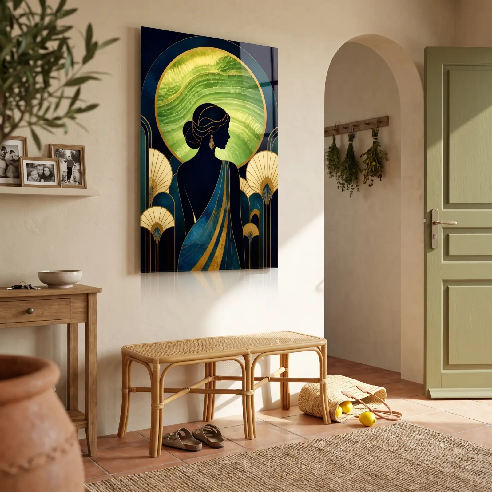 Art Deco Woman Portrait Green Onyx Arch Design | Glass Wall Art — 2