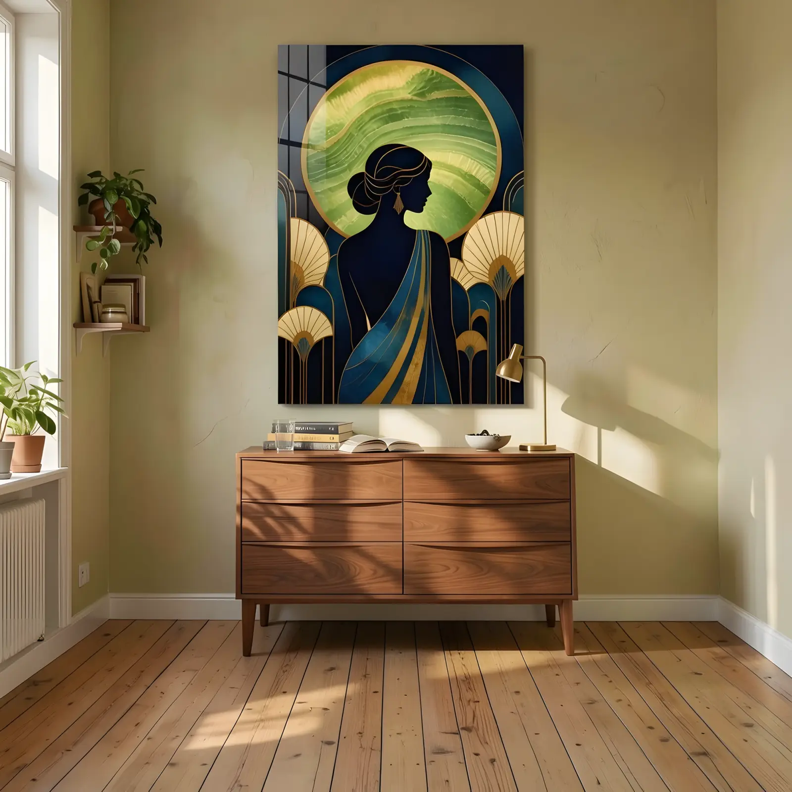 Art Deco Woman Portrait Green Onyx Arch Design | Glass Wall Art — 4